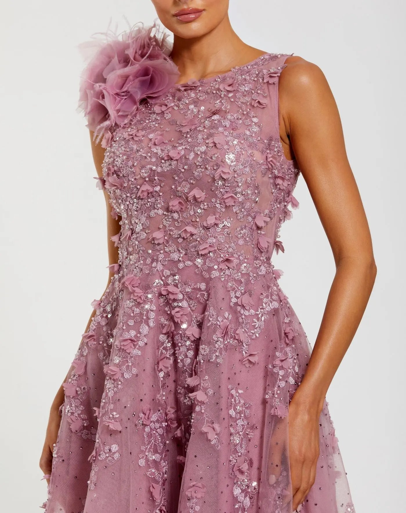 Mac Duggal - Purple High Neck Embellished Midi Dress with 3D Flower