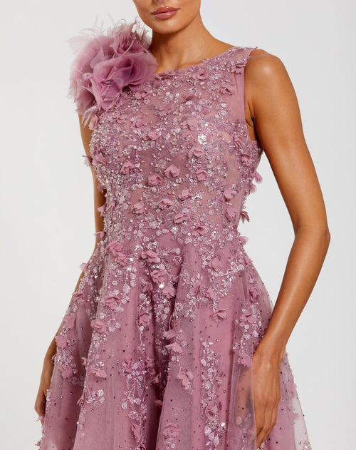 Purple High Neck Embellished Midi Dress with 3D Flower - Mac Duggal