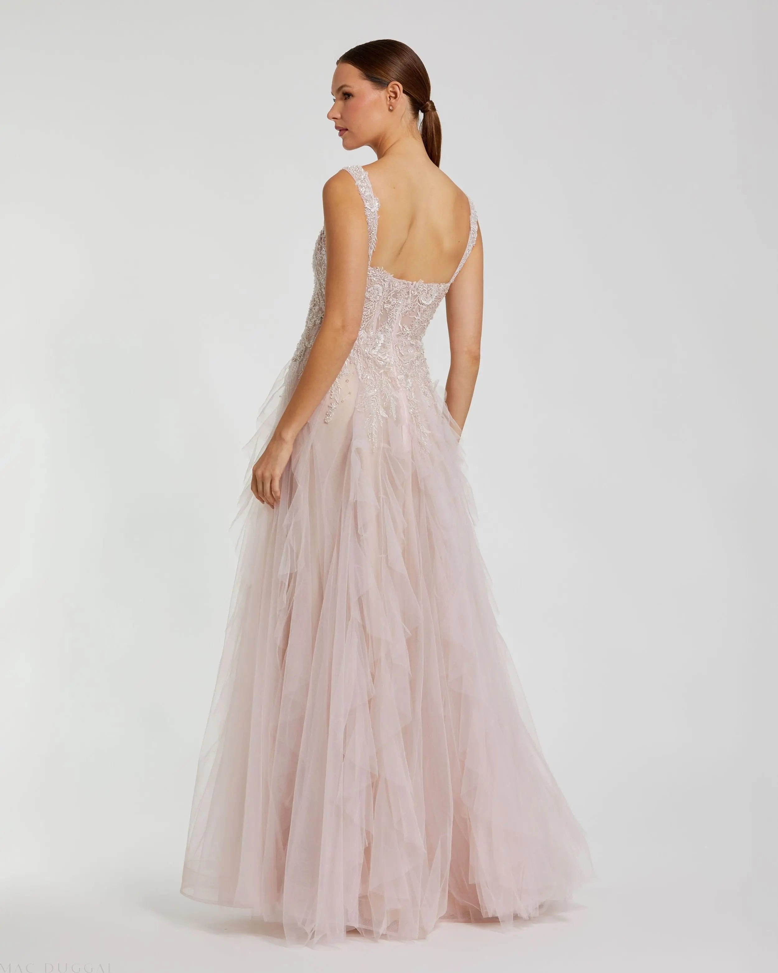 Pink Bustier Tulle Ballgown With Ruffle Skirt Mac Duggal