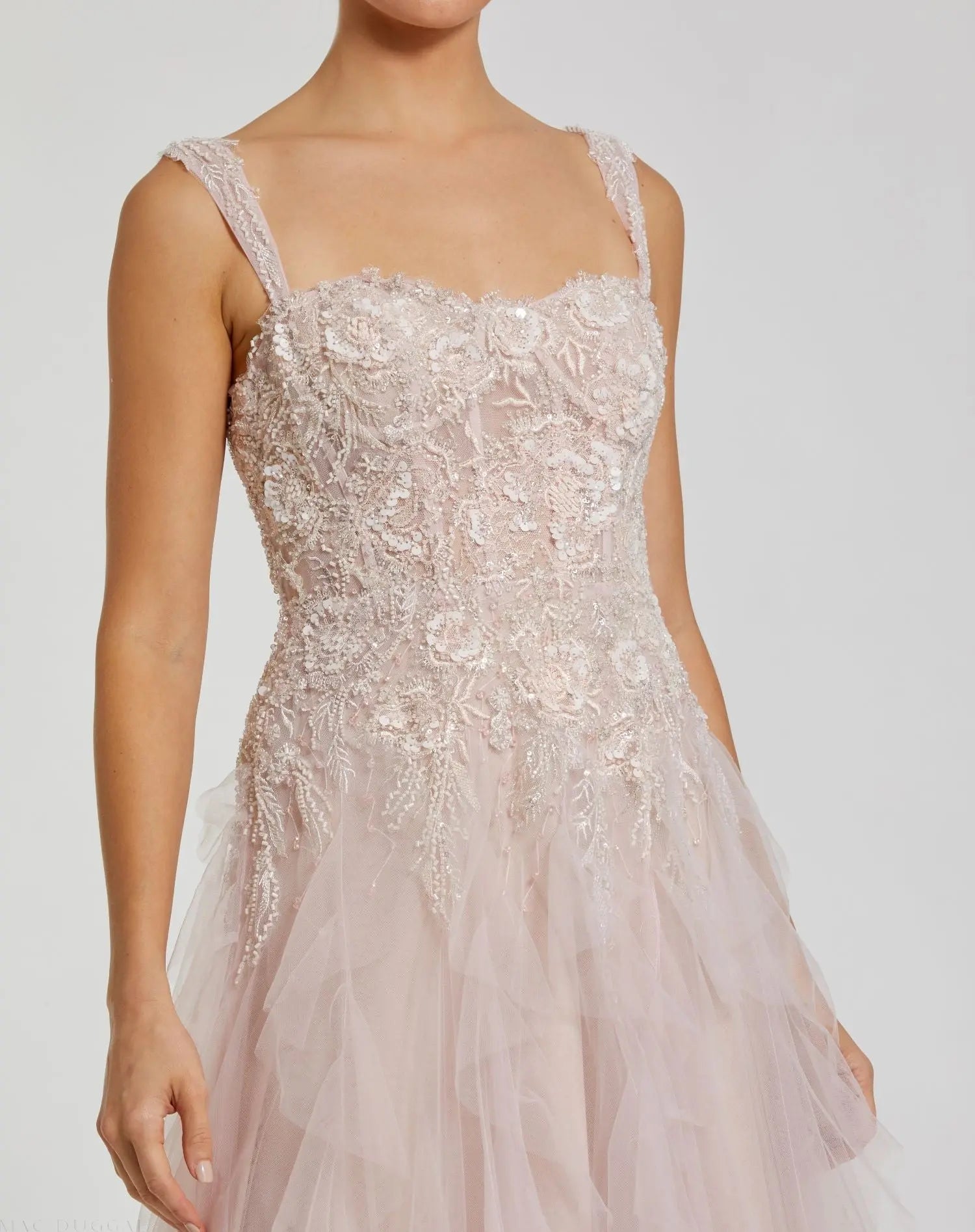mac duggal pink tulle dress Pink Ombre Strapless Feather Bodice Tulle Gown