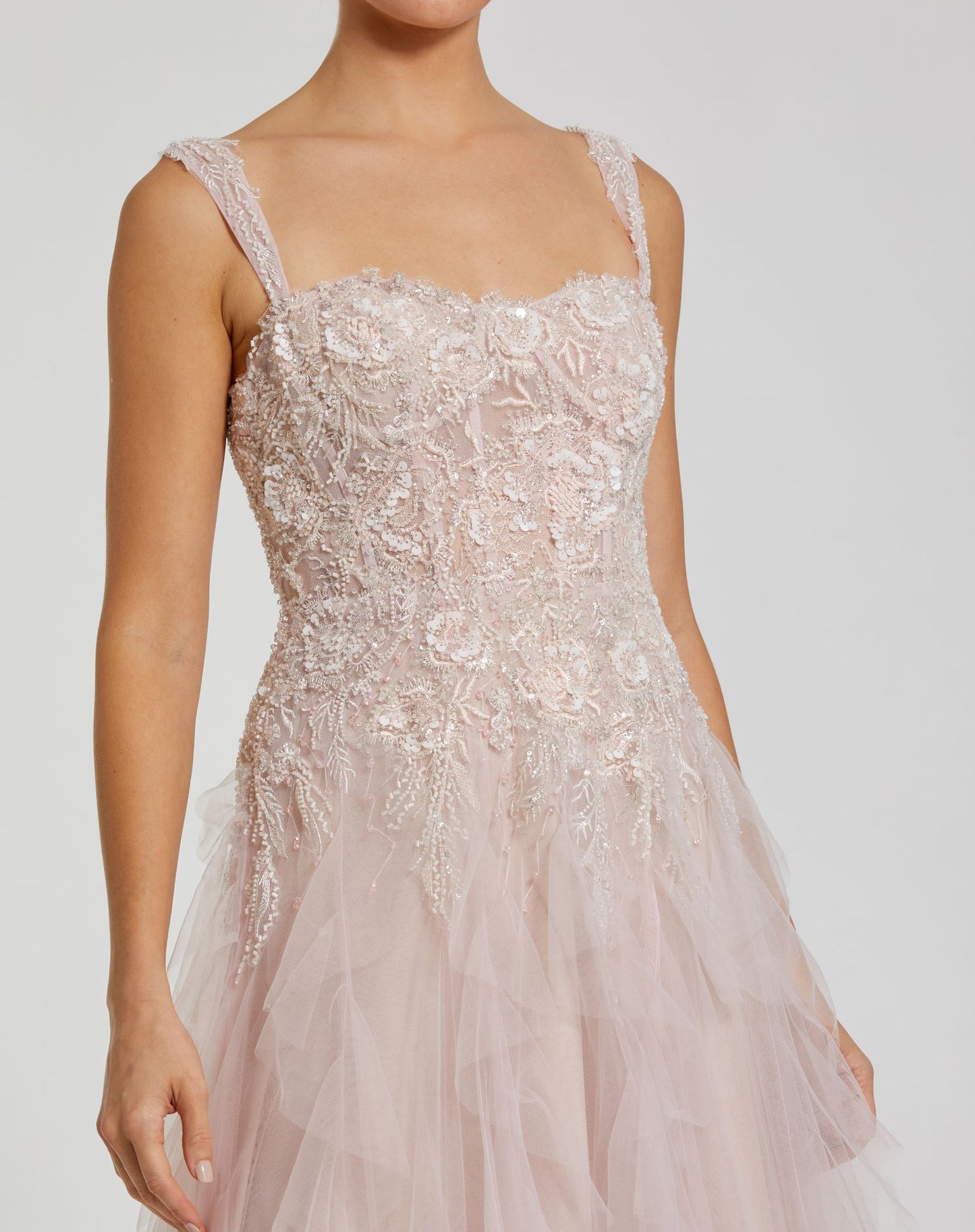 Thin Strap Bustier Tulle Gown With Ruffle Skirt