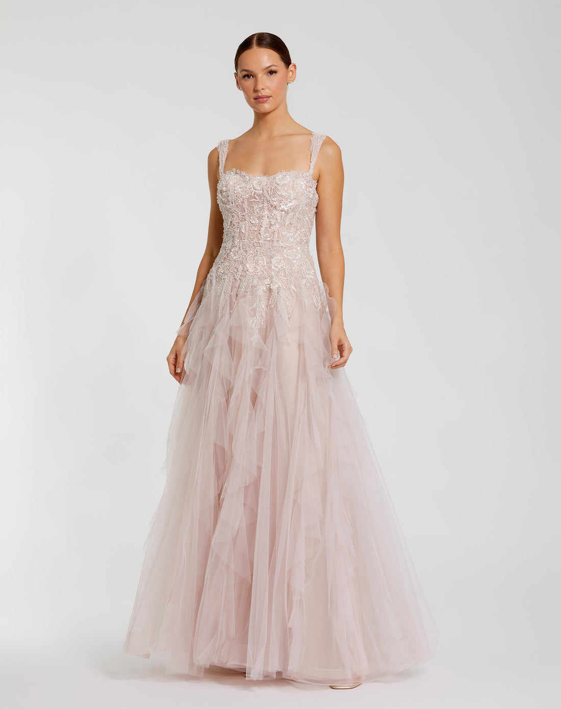 Thin Strap Bustier Tulle Gown With Ruffle Skirt