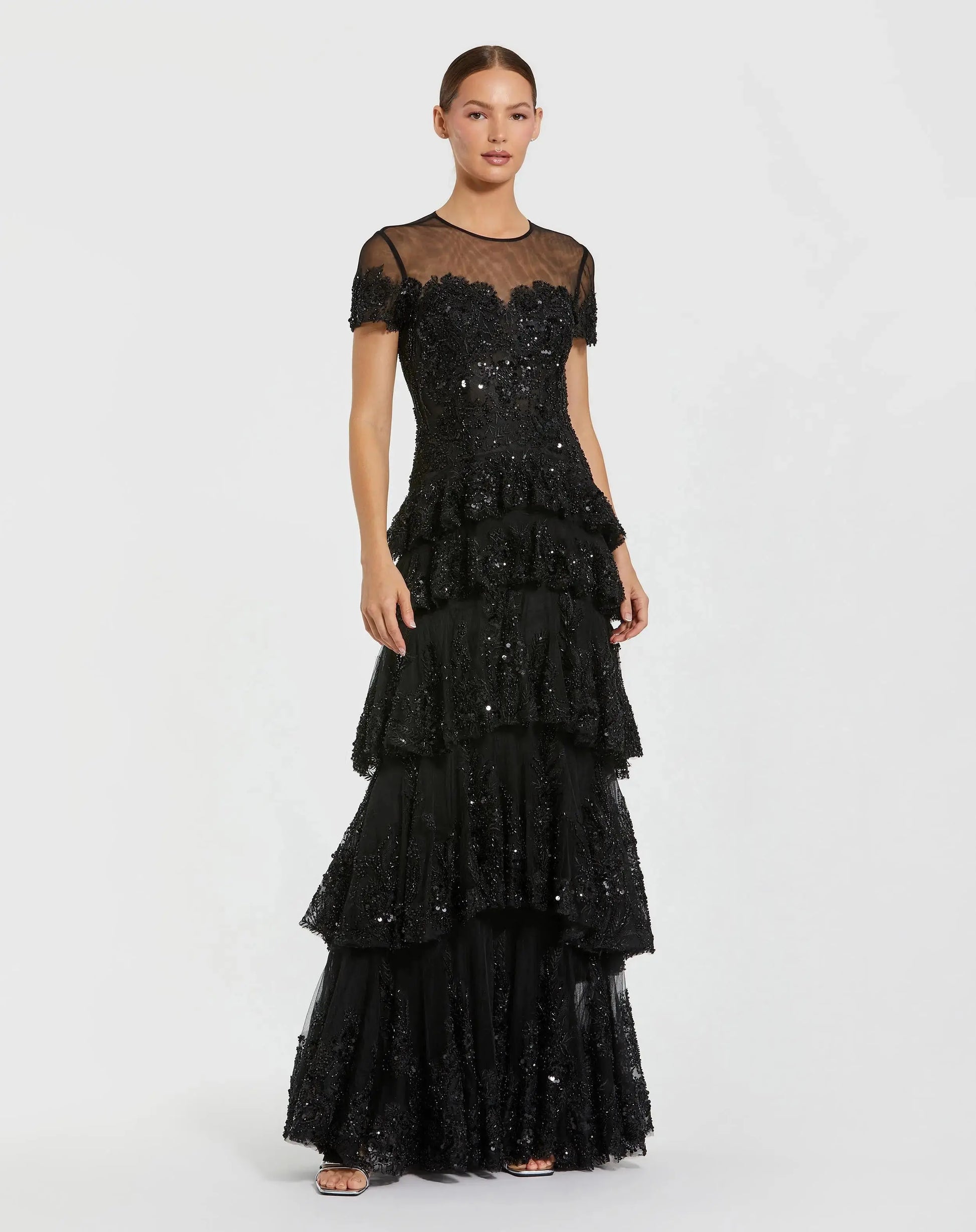 Black Embellished High Neck Gown With Tiered Ruffle Skirt | Mac Duggal Black Embellished High Neck Gown With Tiered Ruffle Skirt | Mac Duggal