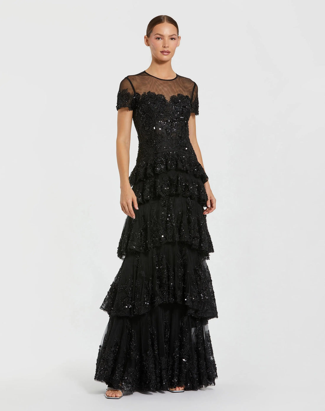 Black Short Sleeve Tiered Evening Gown with Embellishments - Mac Duggal