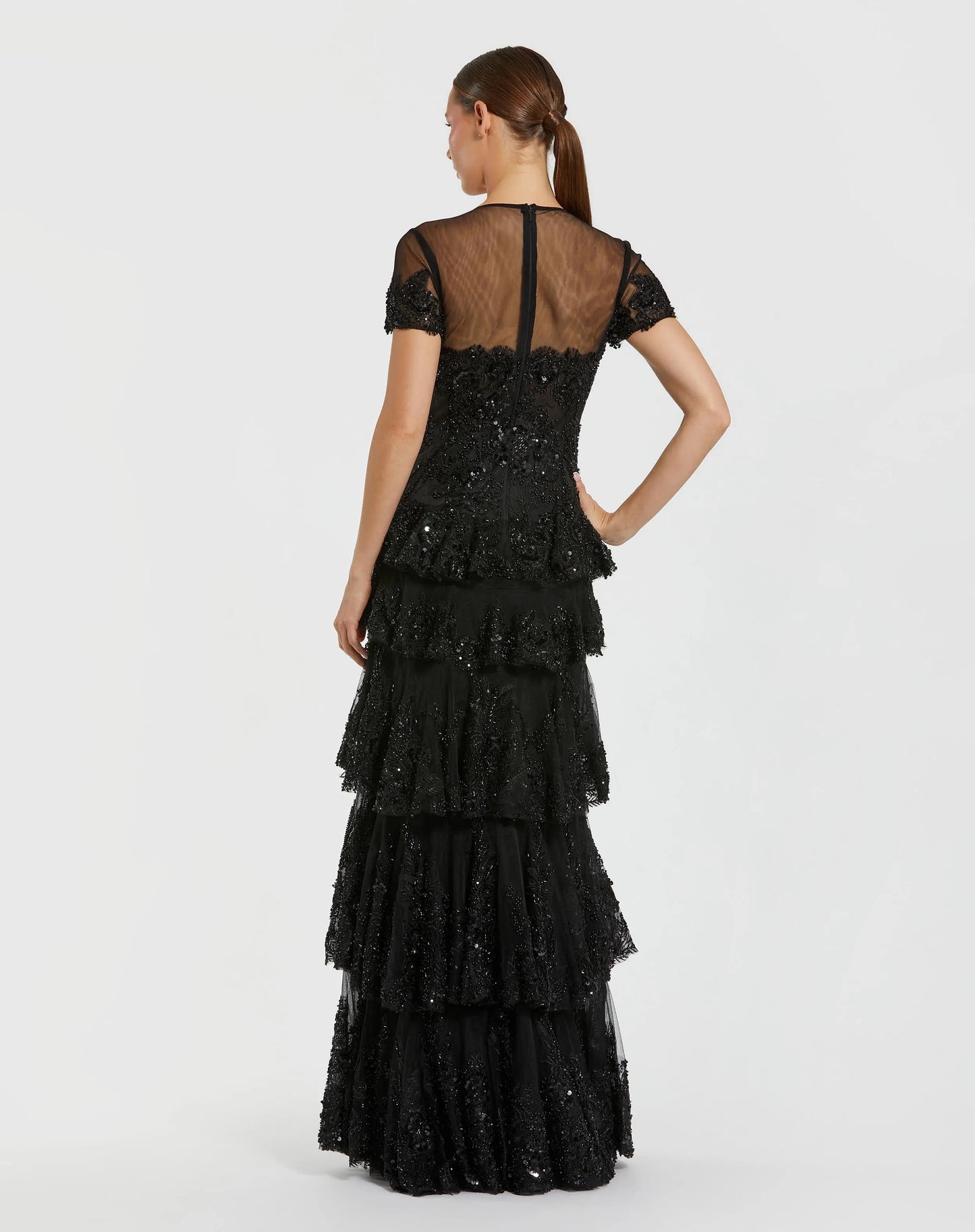 Black Short Sleeve Tiered Evening Gown with Embellishments - Mac Duggal