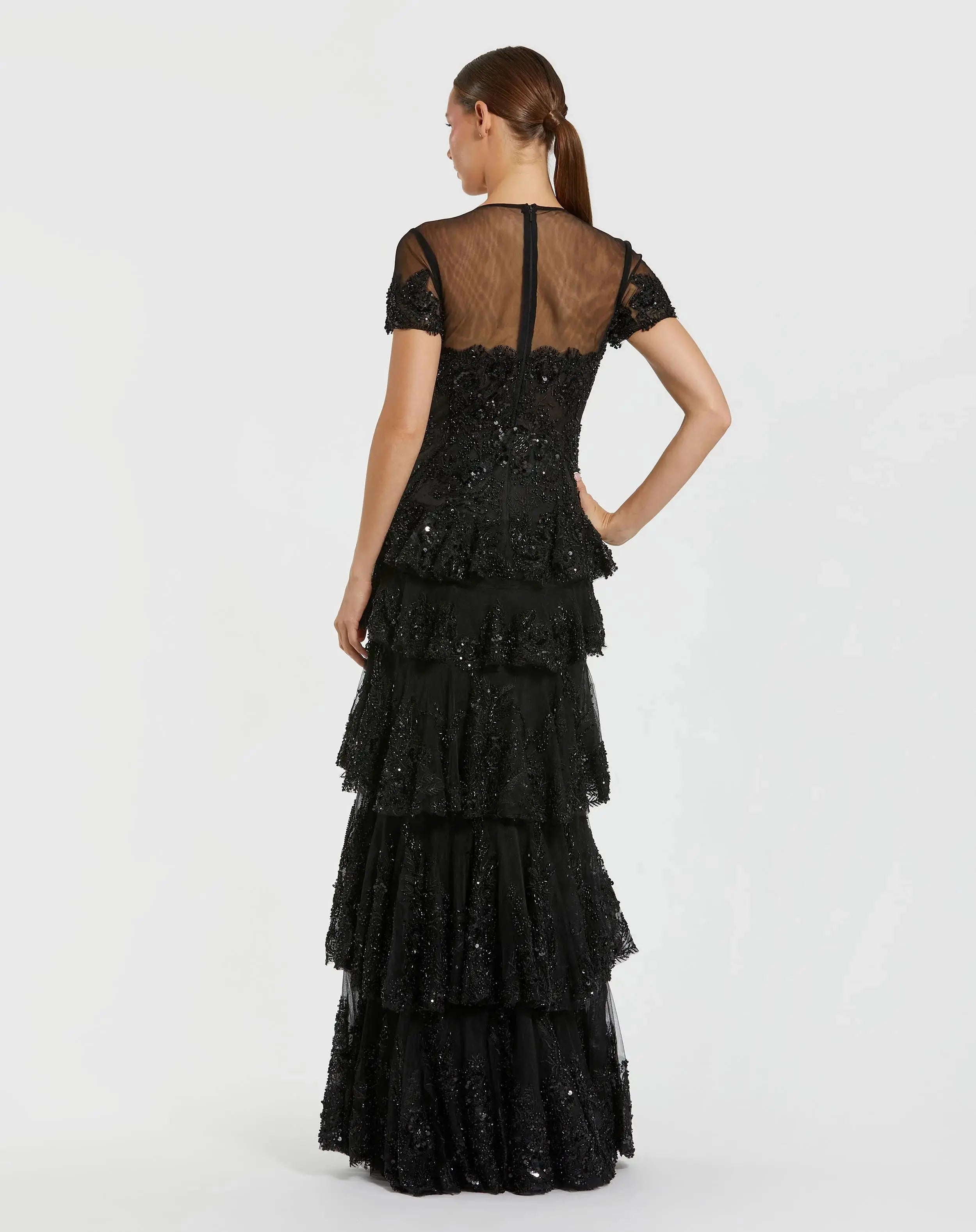 Black Embellished High Neck Gown With Tiered Ruffle Skirt - Mac Duggal