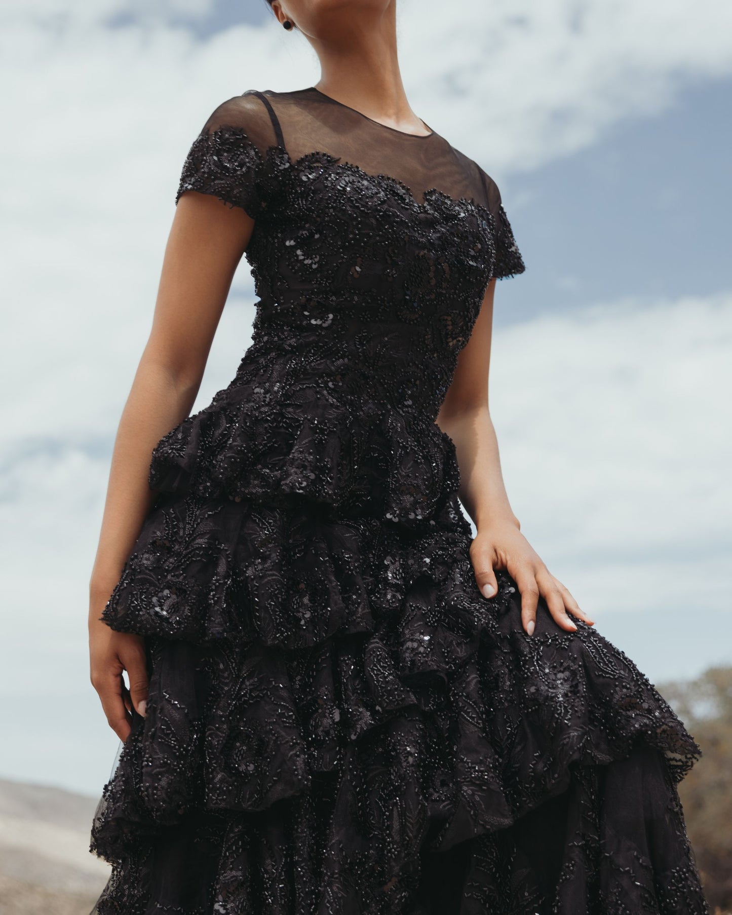 Black Short Sleeve Tiered Evening Gown with Embellishments - Mac Duggal