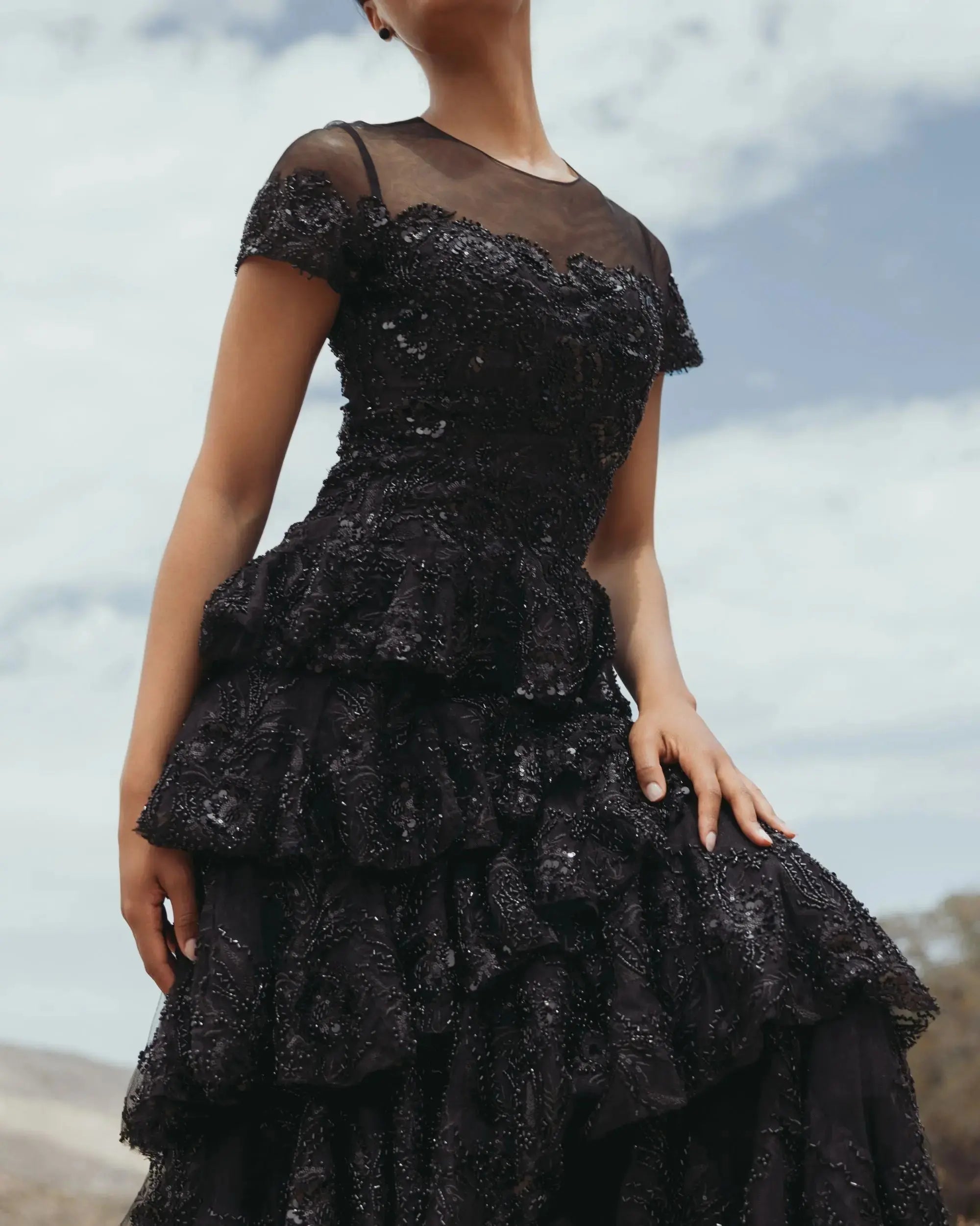 Black Embellished High Neck Gown With Tiered Ruffle Skirt - Mac Duggal