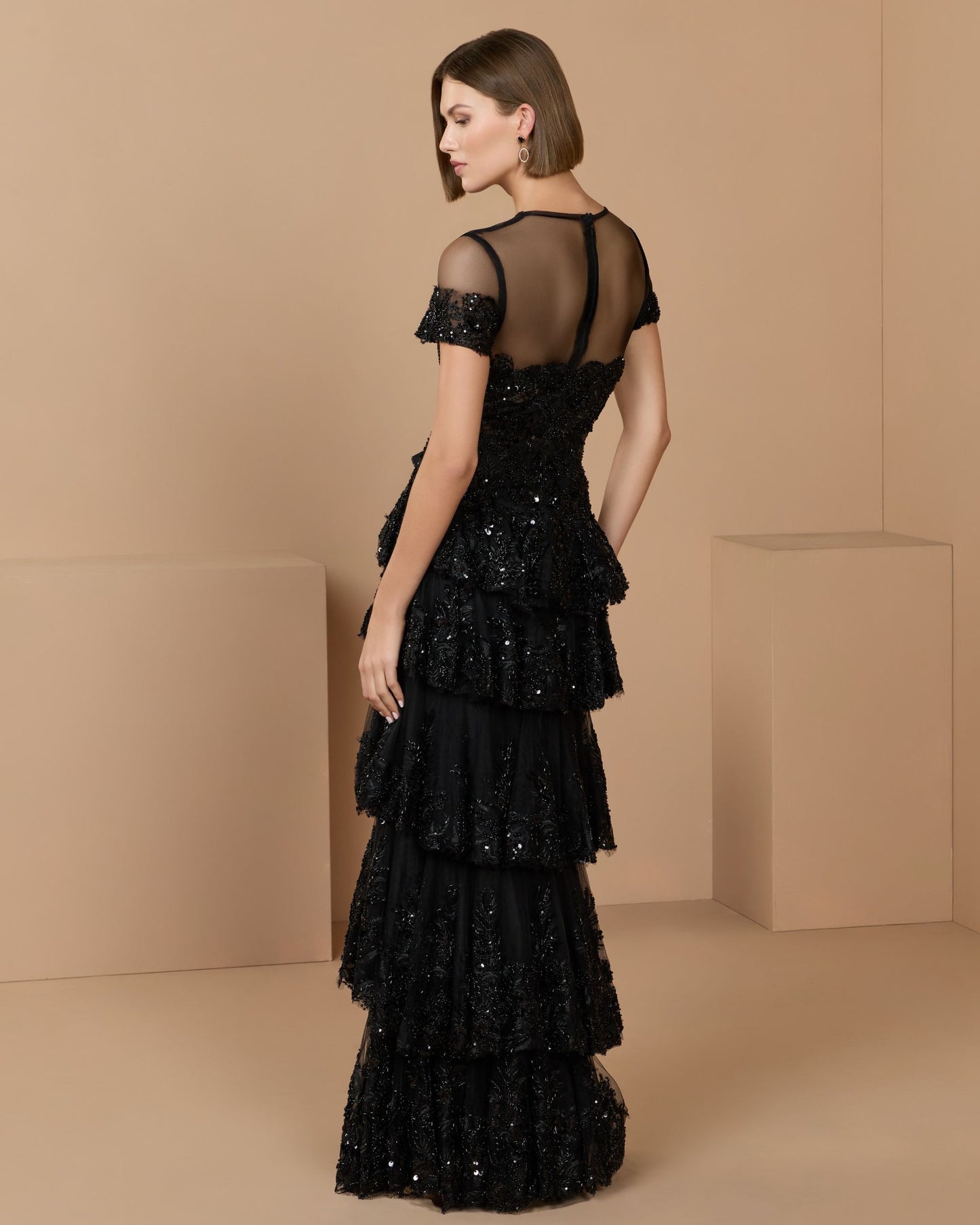 Black Embellished High Neck Gown With Tiered Ruffle Skirt - Mac Duggal