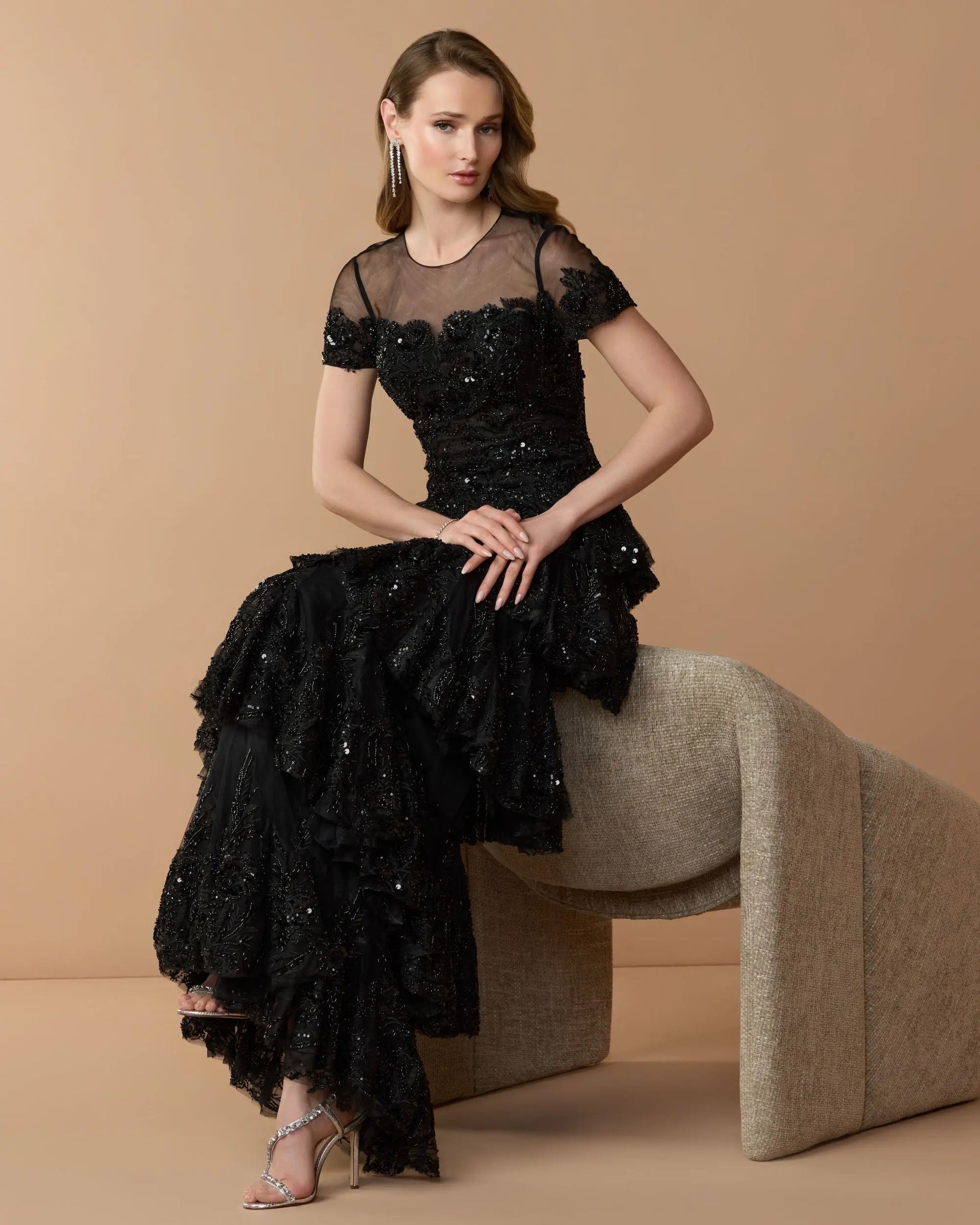 black tiered ruffle dress Black Embellished High Neck Gown With Tiered Ruffle Skirt