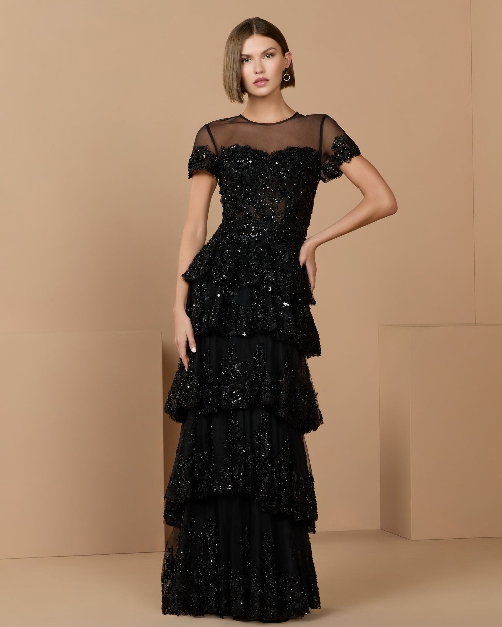 Black Embellished High Neck Gown With Tiered Ruffle Skirt