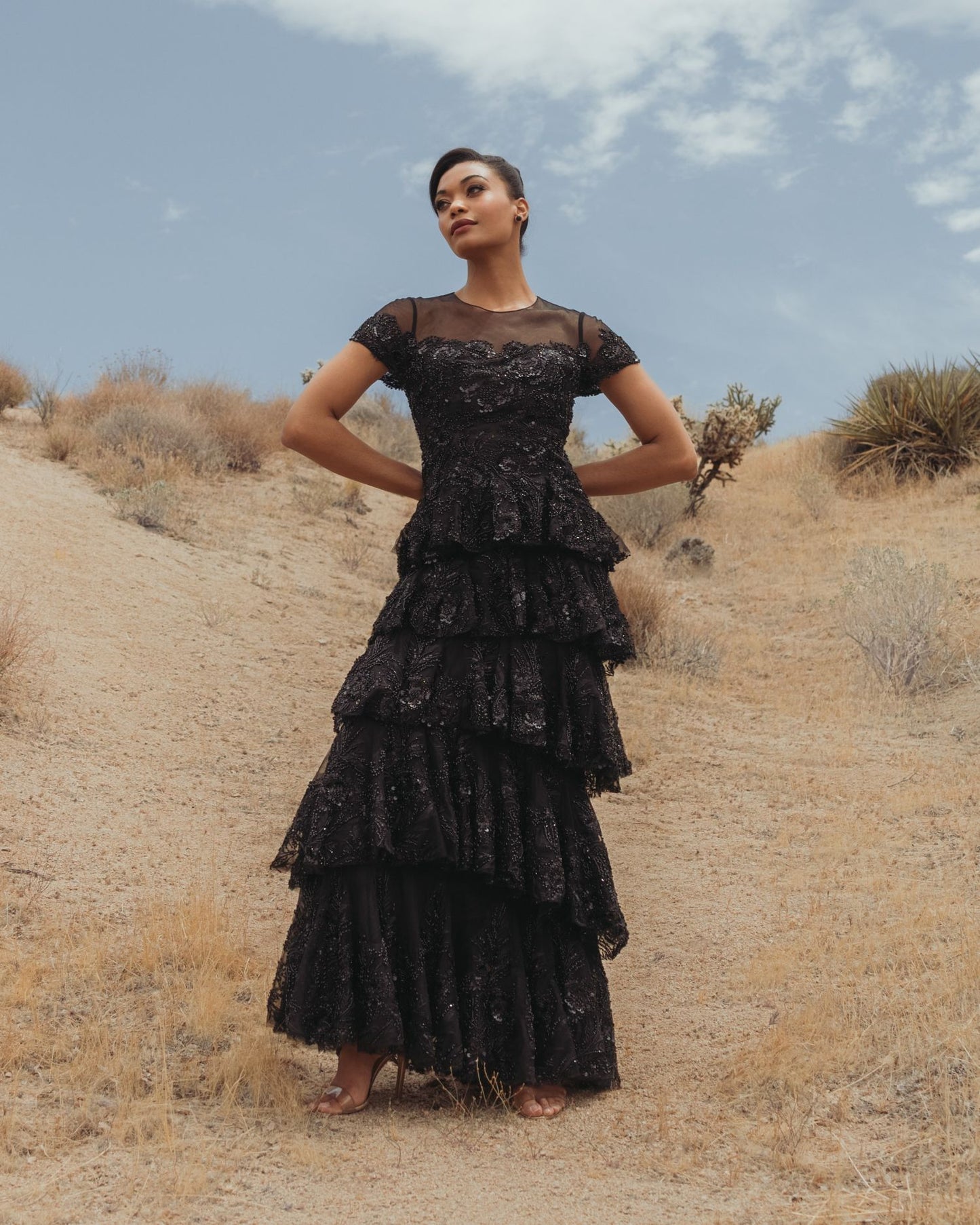 Black Short Sleeve Tiered Evening Gown with Embellishments - Mac Duggal