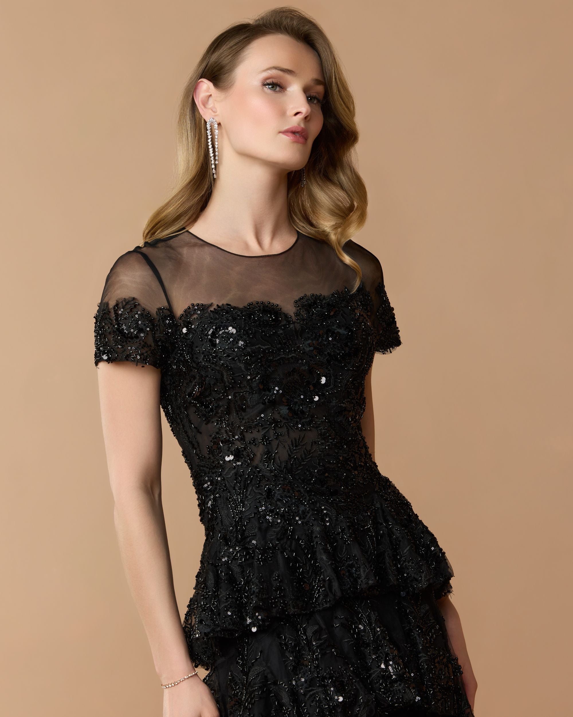 Black Short Sleeve Tiered Evening Gown with Embellishments