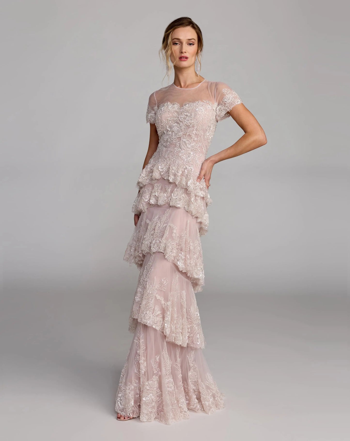 Light Pink Embellished High Neck Gown With Tiered Ruffle Skirt Mac Duggal