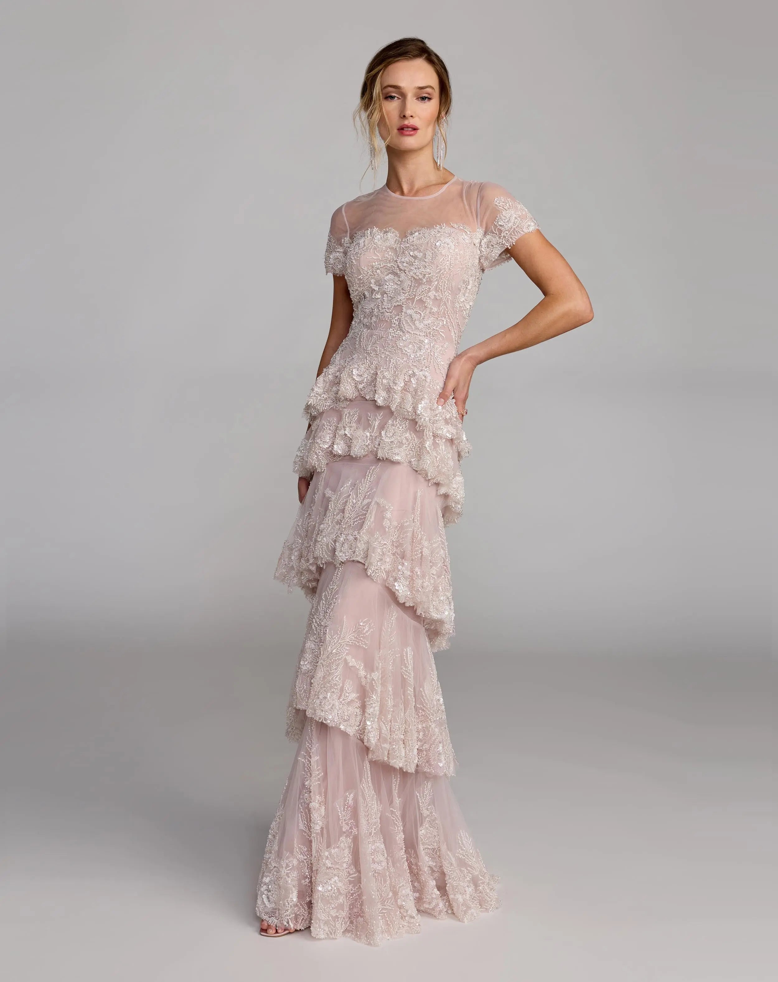 Light Pink Embellished High Neck Gown With Tiered Ruffle Skirt Mac Duggal