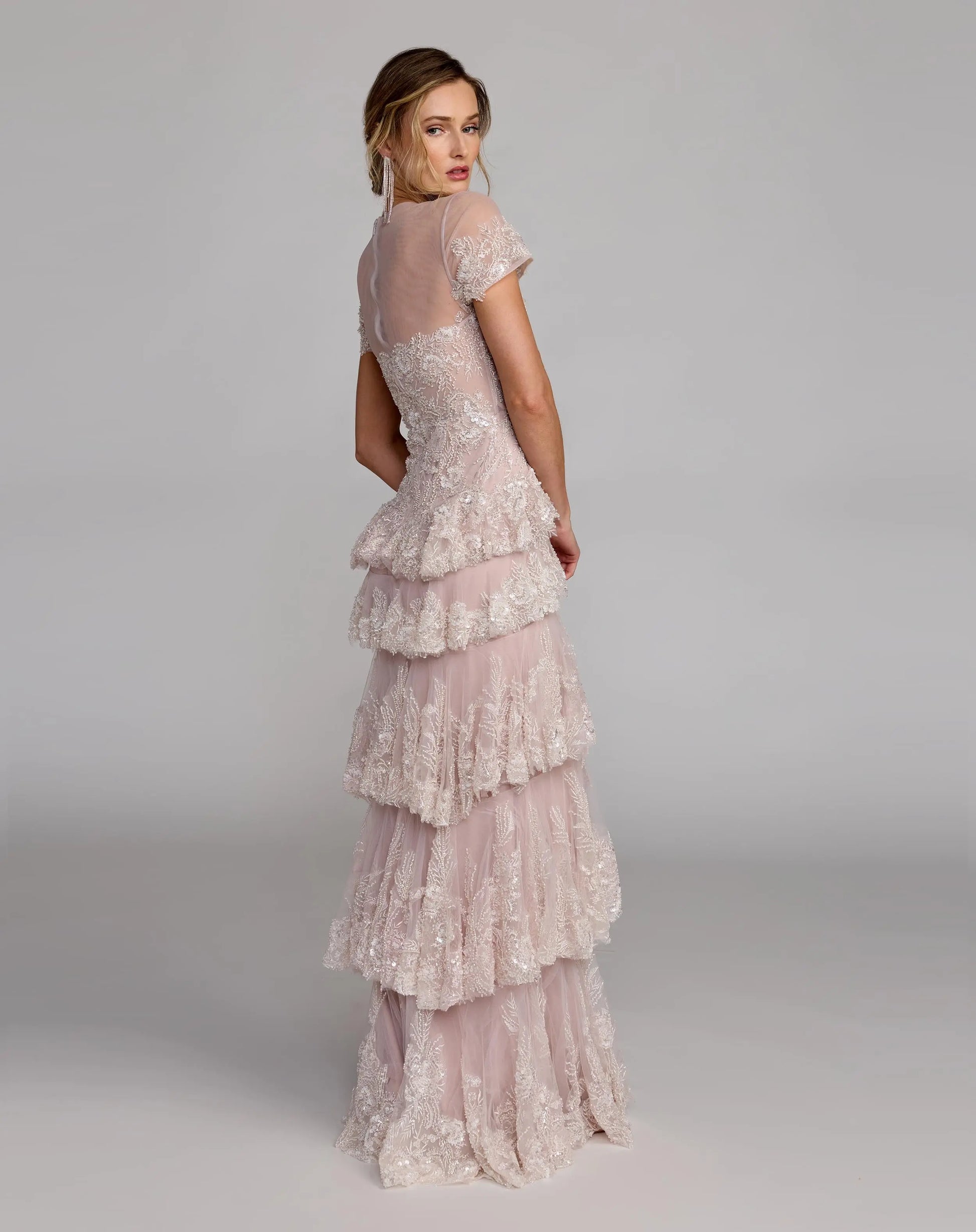 Light Pink Embellished High Neck Gown With Tiered Ruffle Skirt Mac Duggal