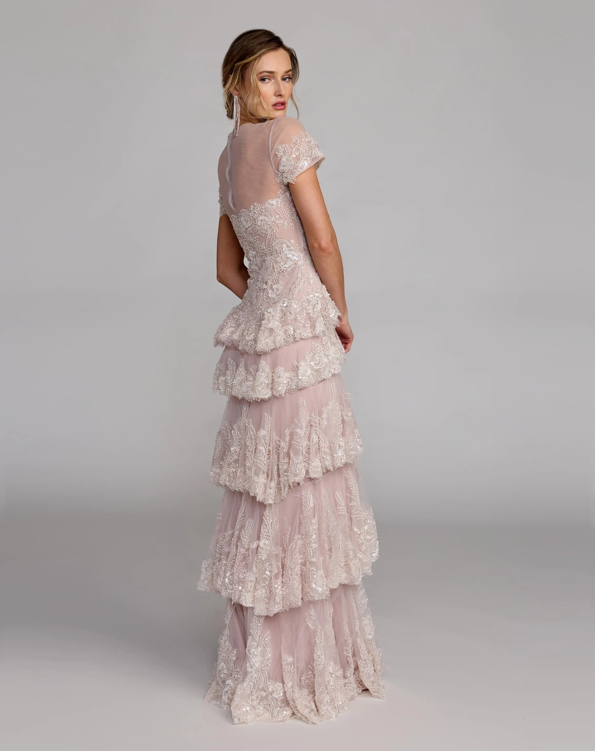 Light Pink Embellished High Neck Gown With Tiered Ruffle Skirt Mac Duggal