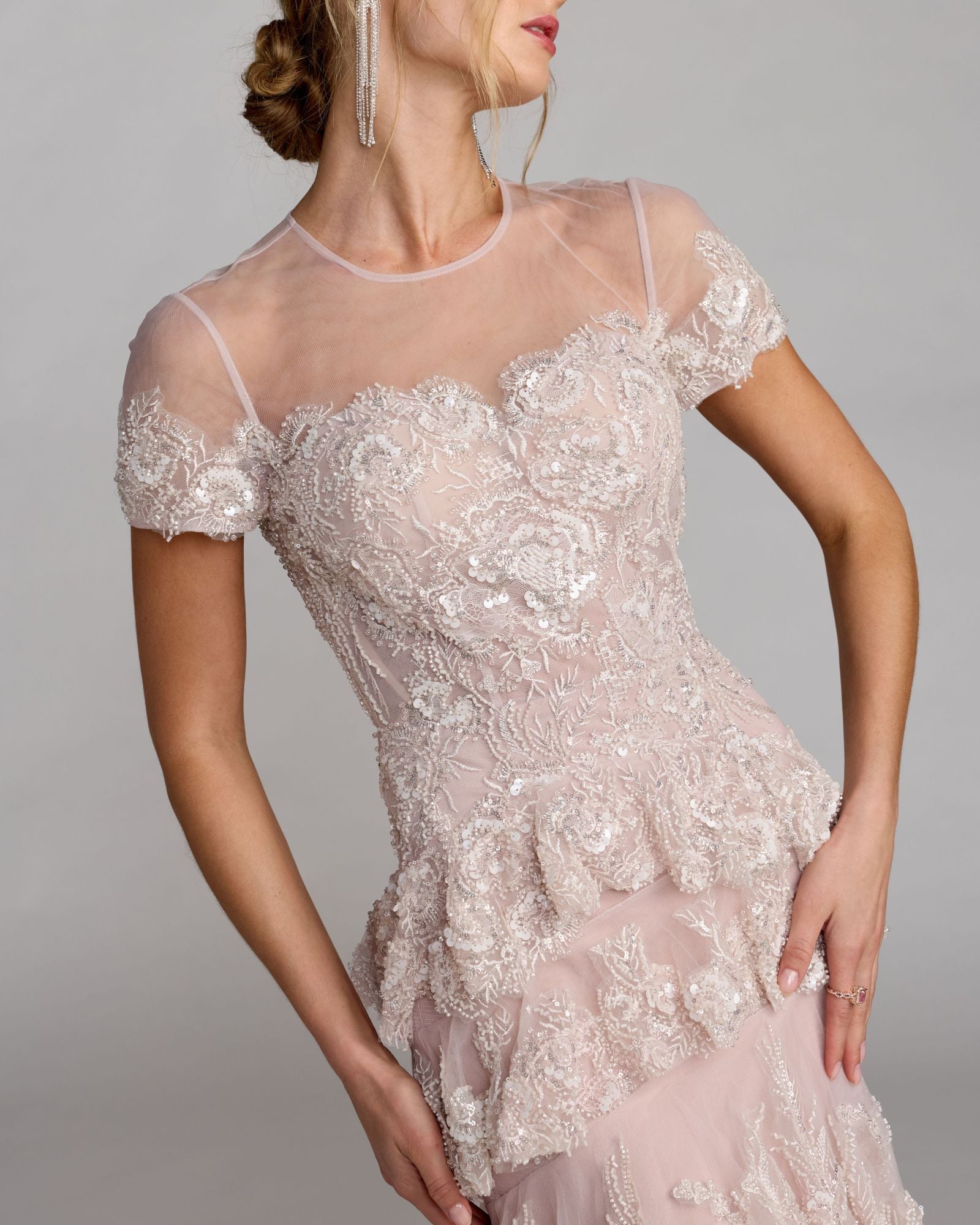 Light Pink Embellished High Neck Gown With Tiered Ruffle Skirt Mac Duggal