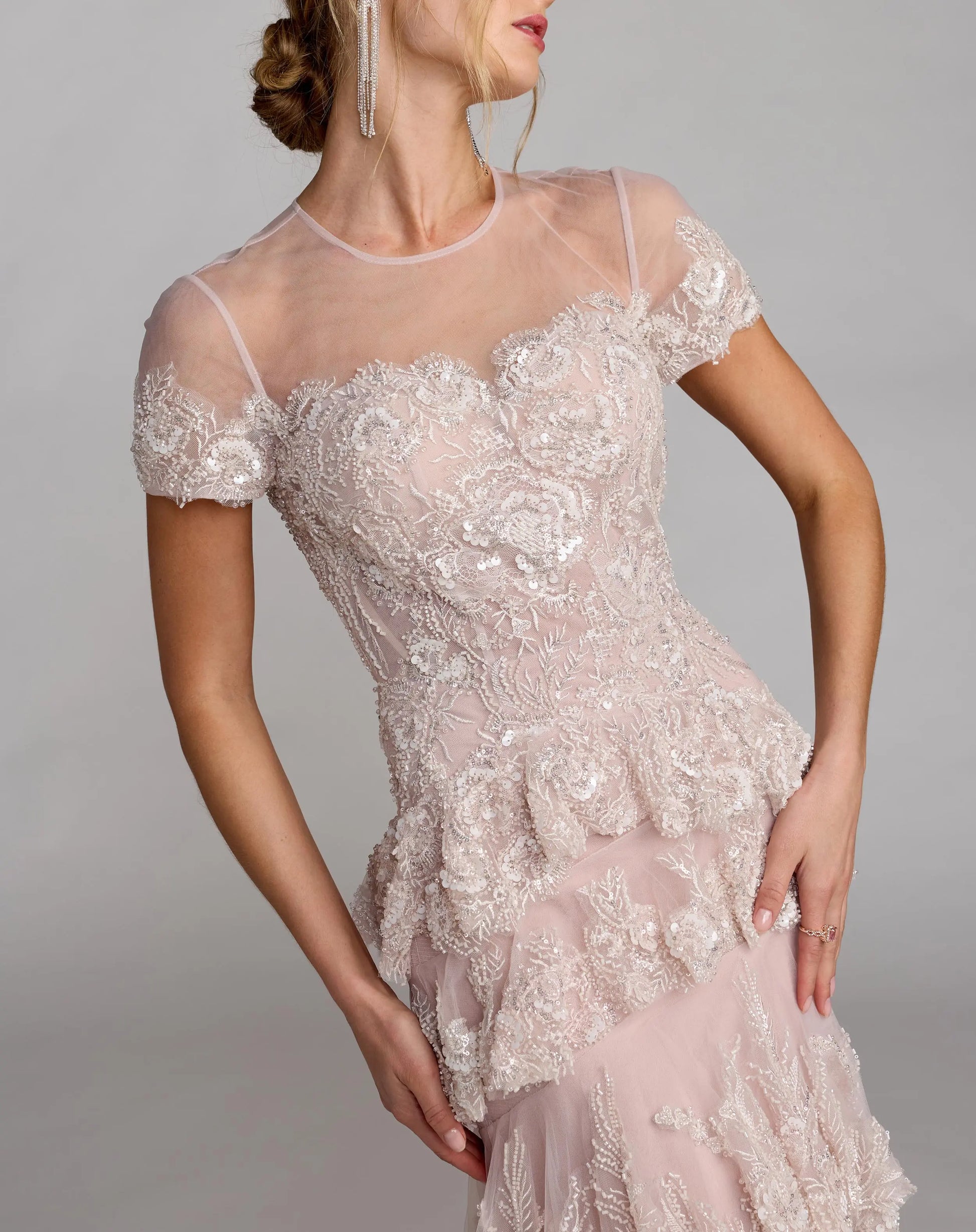Light Pink Embellished High Neck Gown With Tiered Ruffle Skirt Mac Duggal