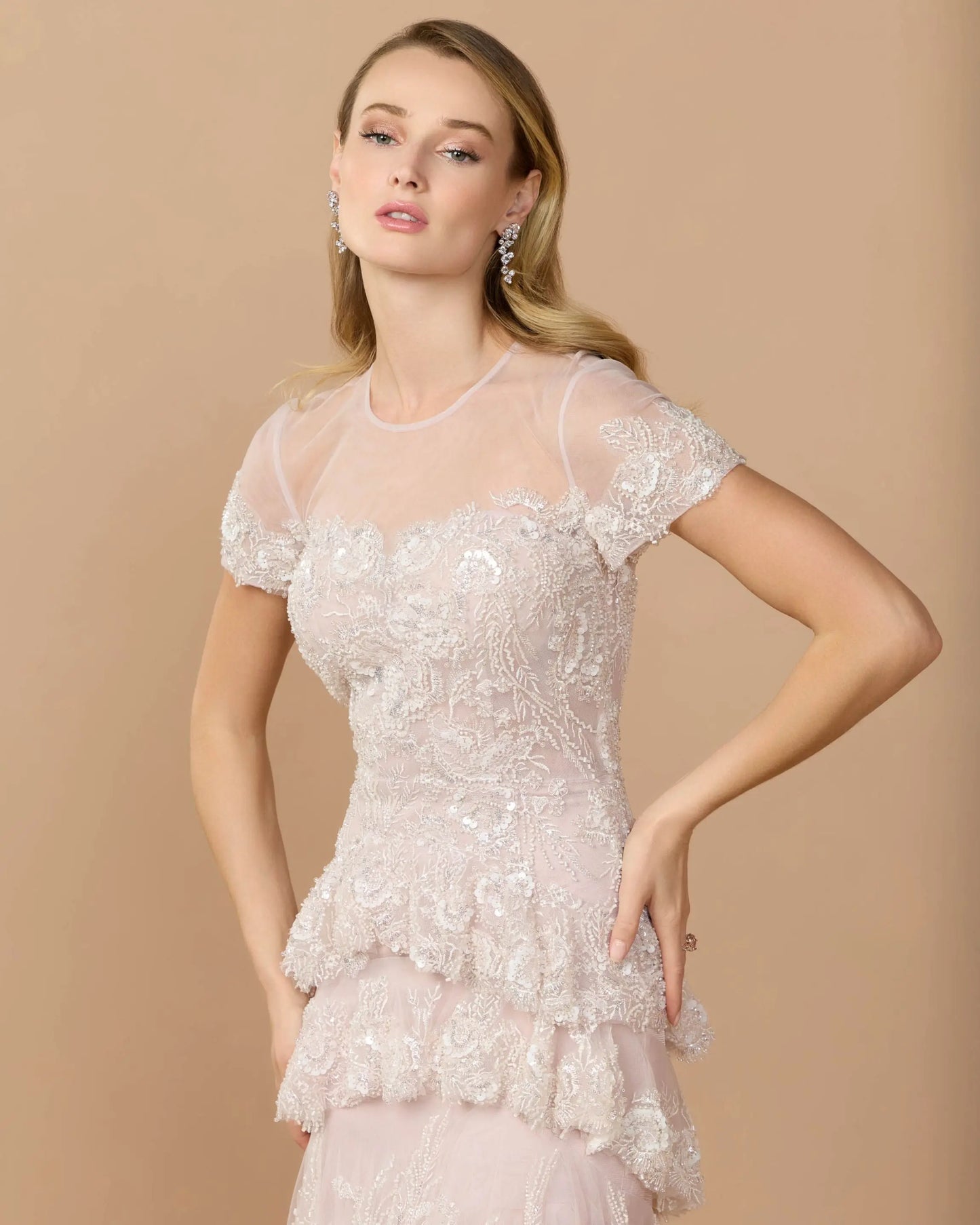 Light Pink Embellished High Neck Gown With Tiered Ruffle Skirt Mac Duggal