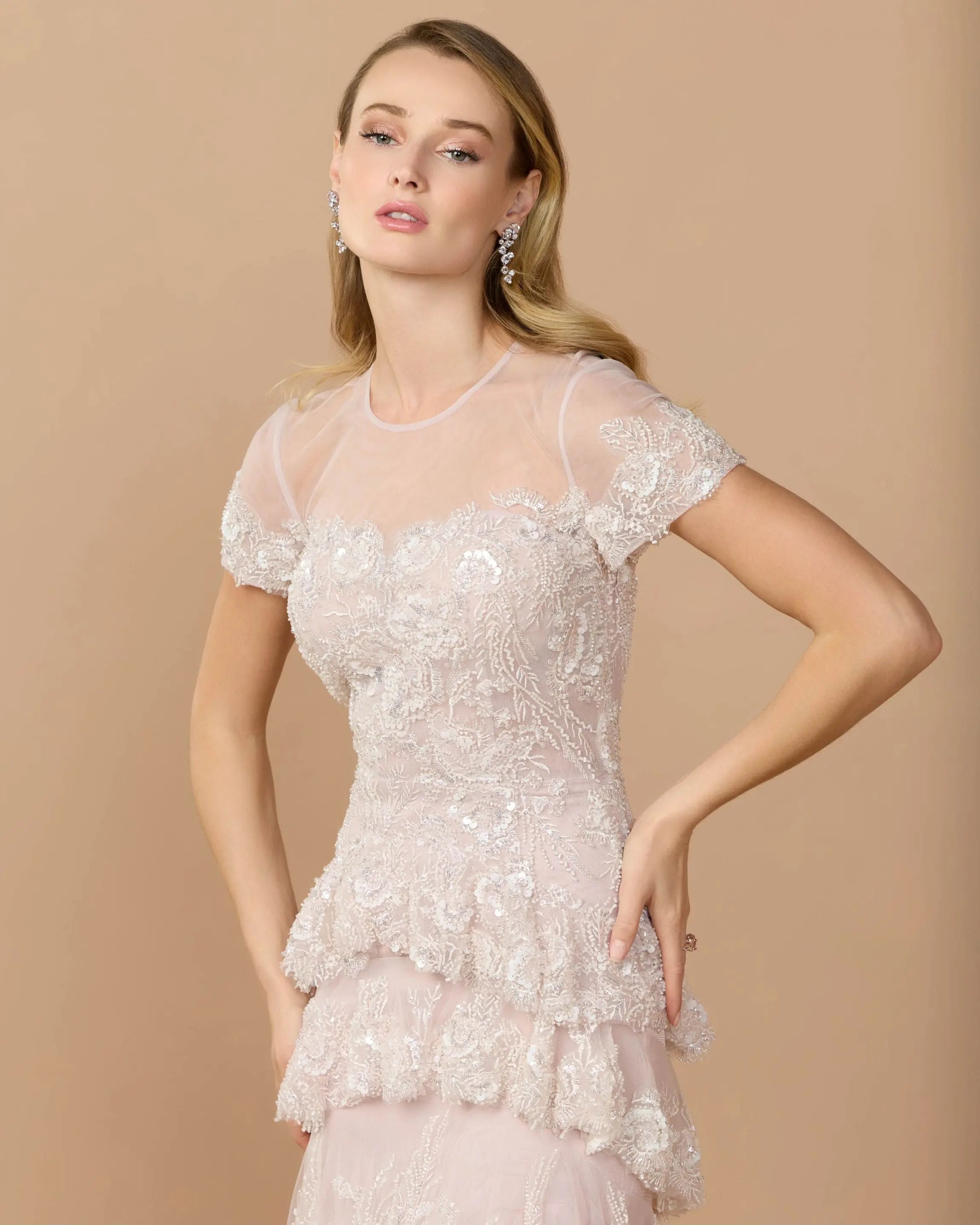Light Pink Embellished High Neck Gown With Tiered Ruffle Skirt Mac Duggal