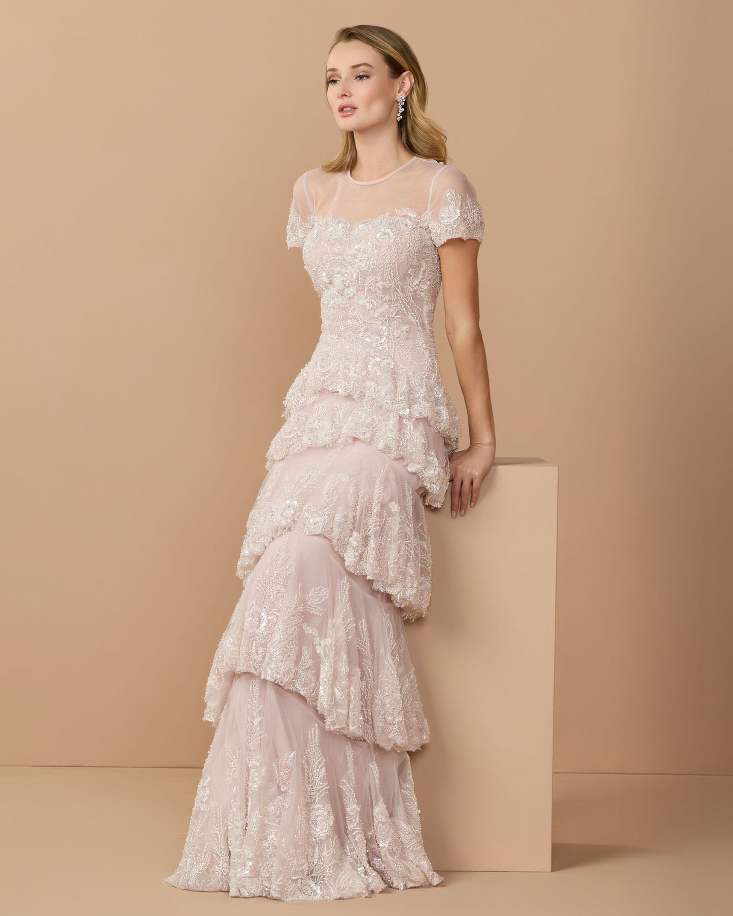 Light Pink Embellished High Neck Gown With Tiered Ruffle Skirt Mac Duggal