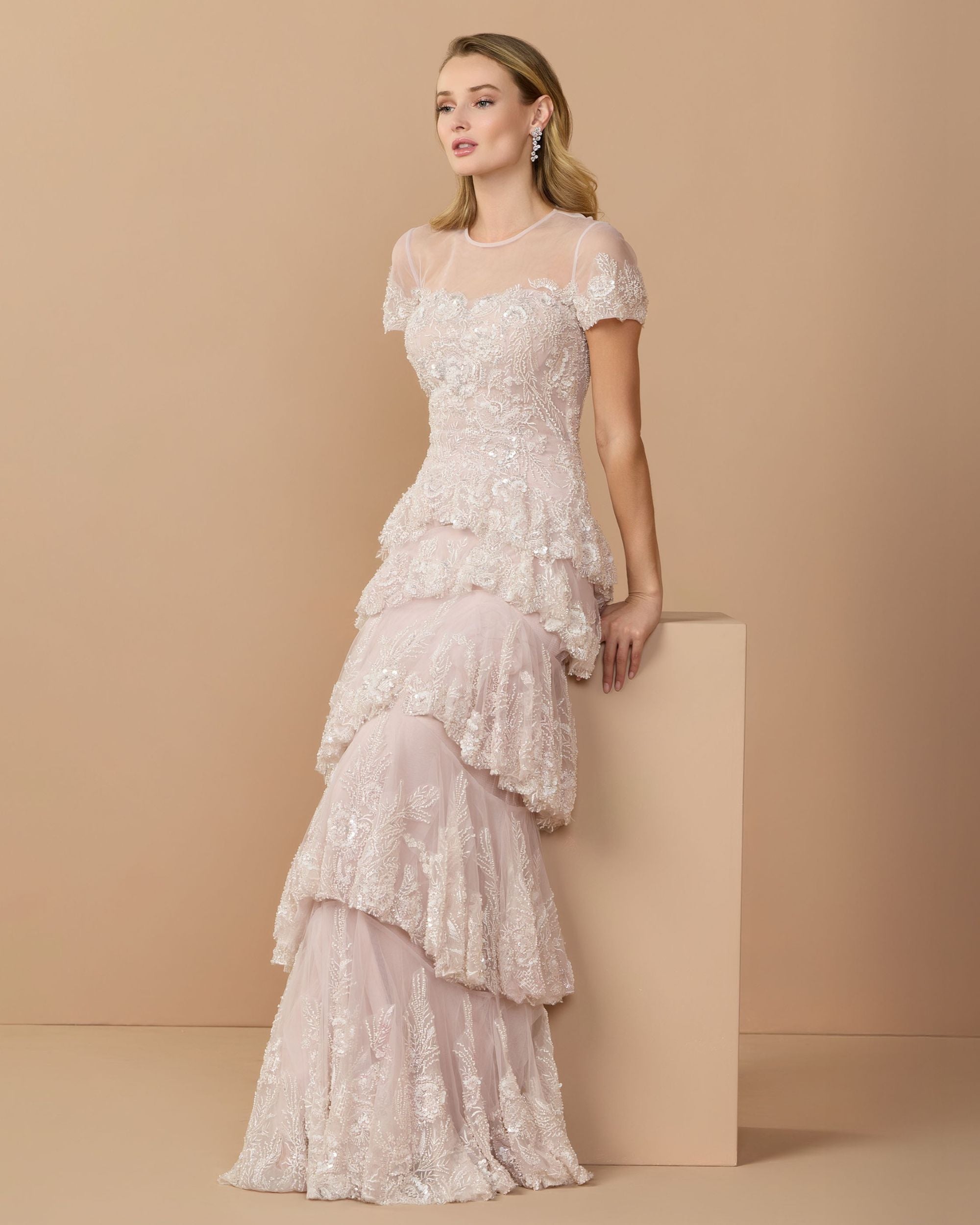 Light Pink Embellished High Neck Gown With Tiered Ruffle Skirt Mac Duggal
