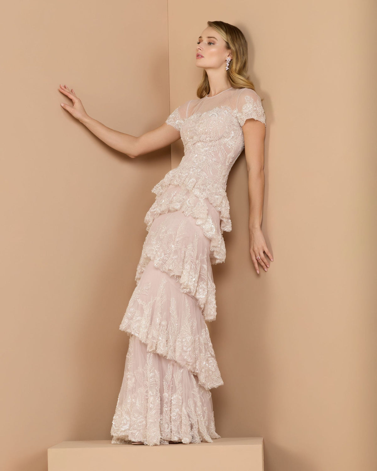 mac duggal high-neck a-line ruffle dress Pink Embellished High Neck Gown With Tiered Skirt Cocktail dresses