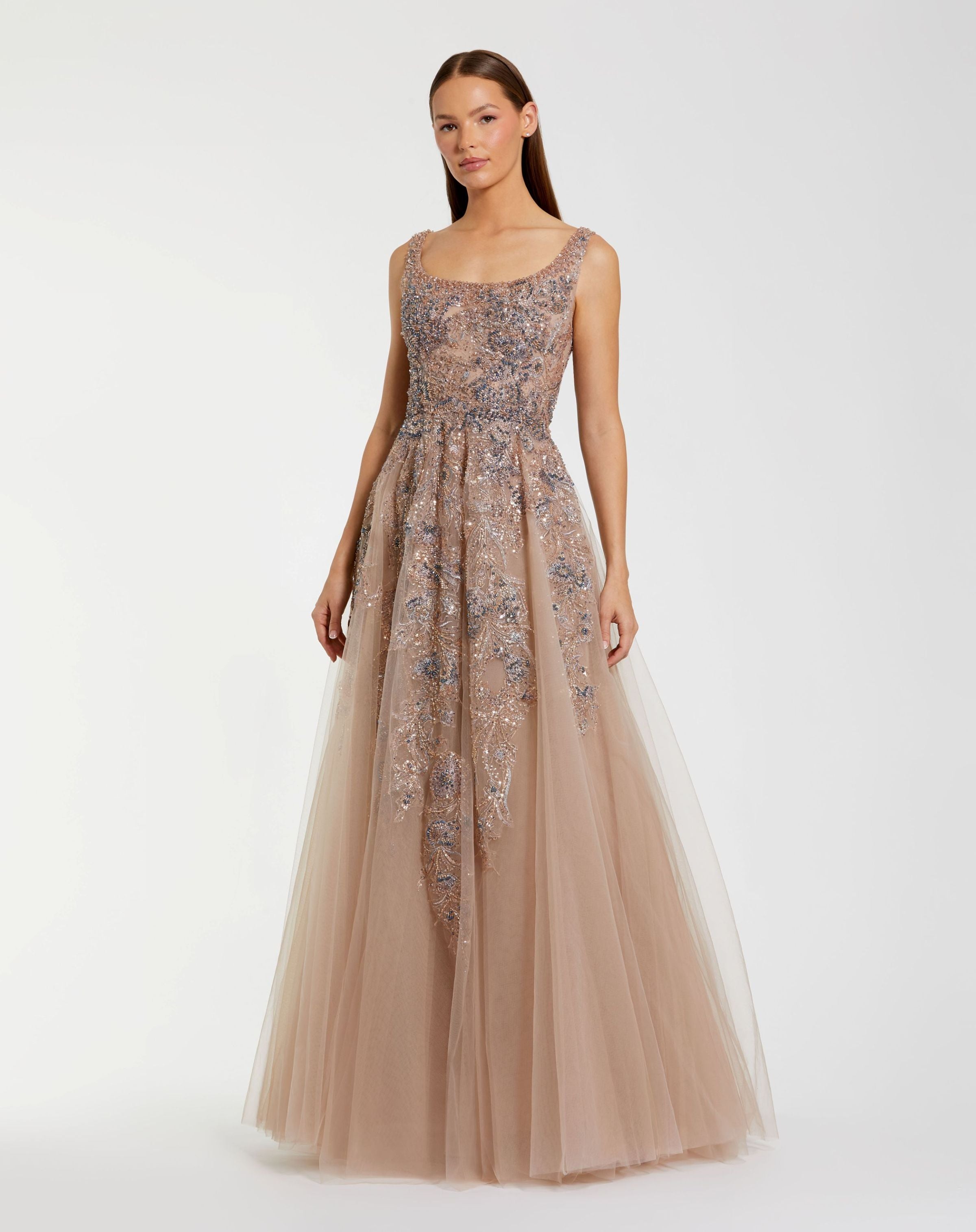 Brown Hand Embellished Scoop Neck Gown - Mac Duggal 