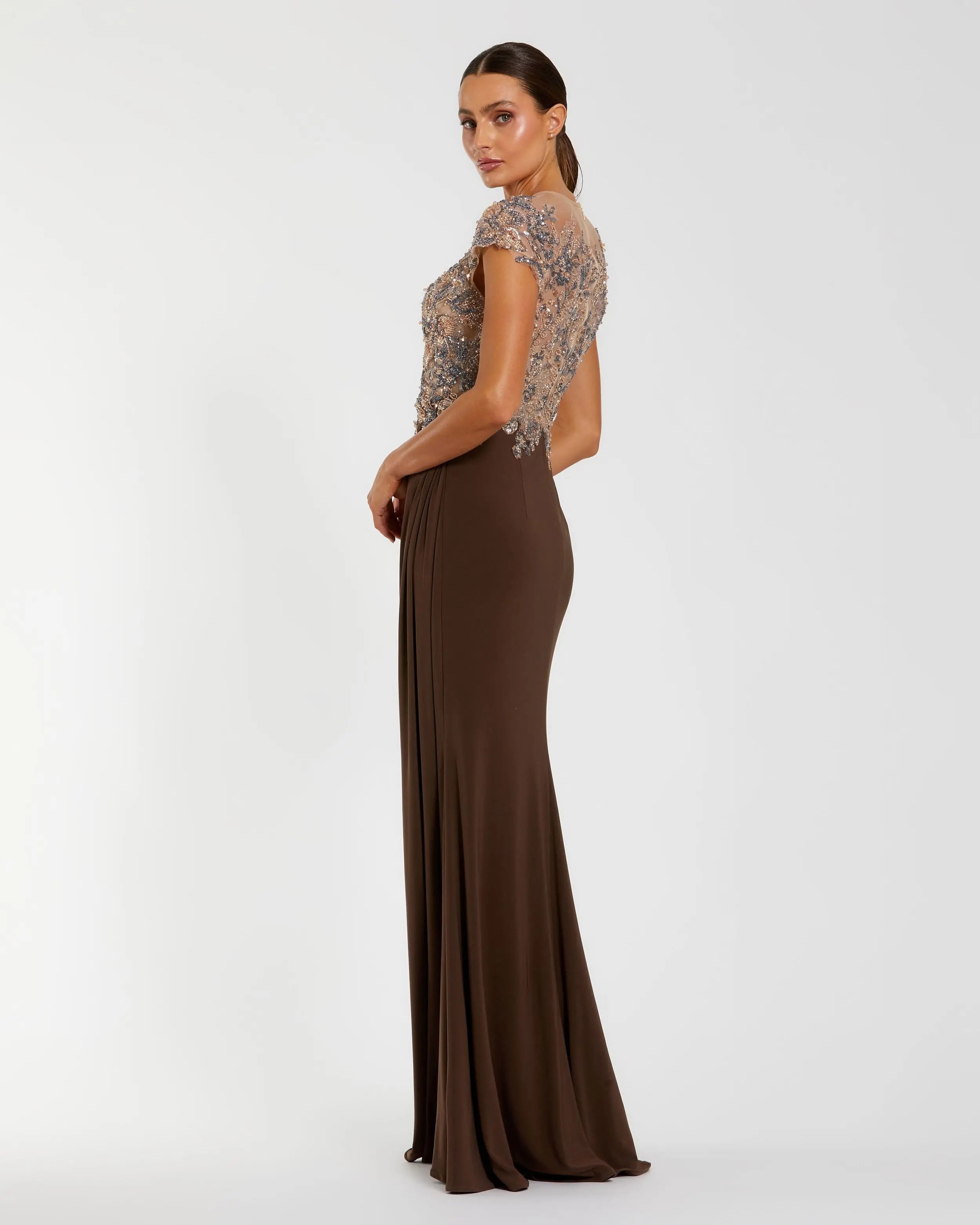 Brown Crystal Applique Embellished Jersey Gown - Mac Duggal