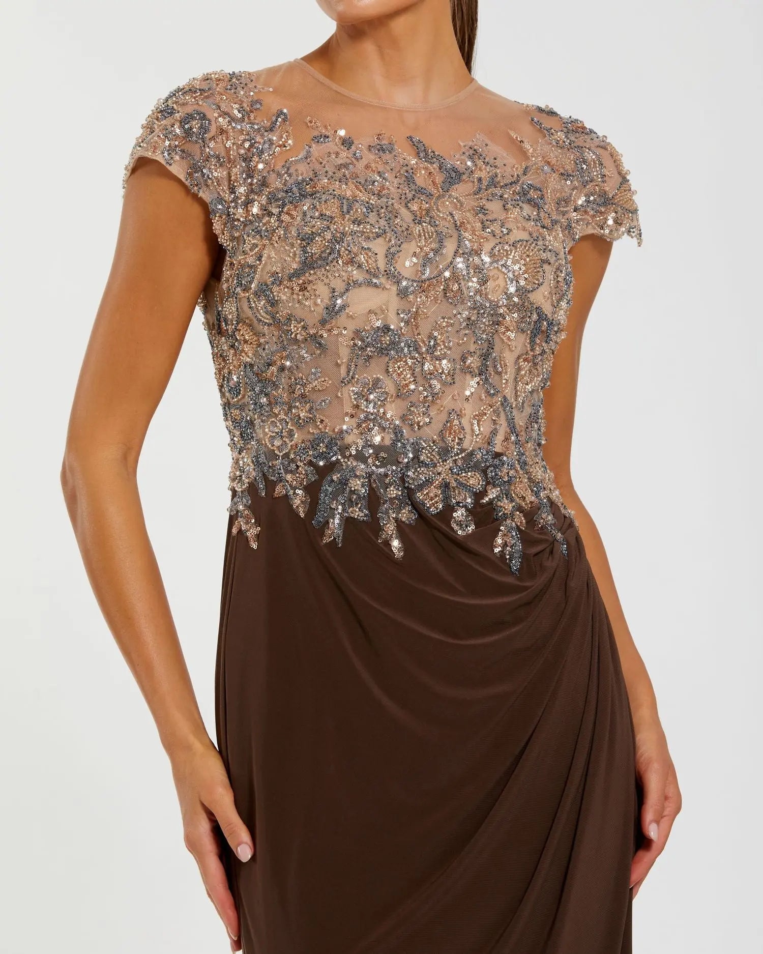 Brown Crystal Applique Embellished Jersey Gown Mac Duggal