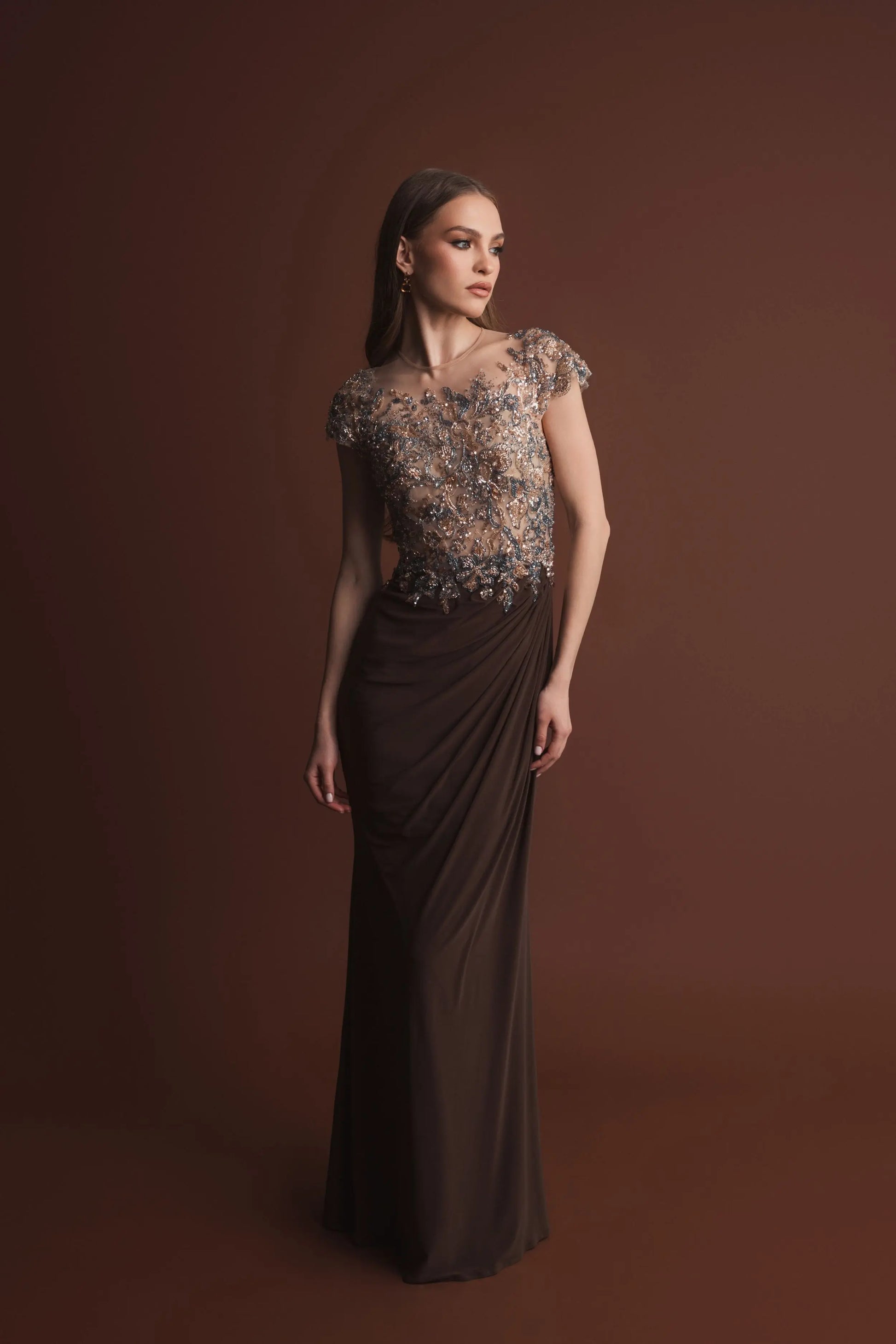 Brown Crystal Applique Embellished Jersey Gown | Mac Duggal Brown Crystal Applique Embellished Jersey Gown | Mac Duggal