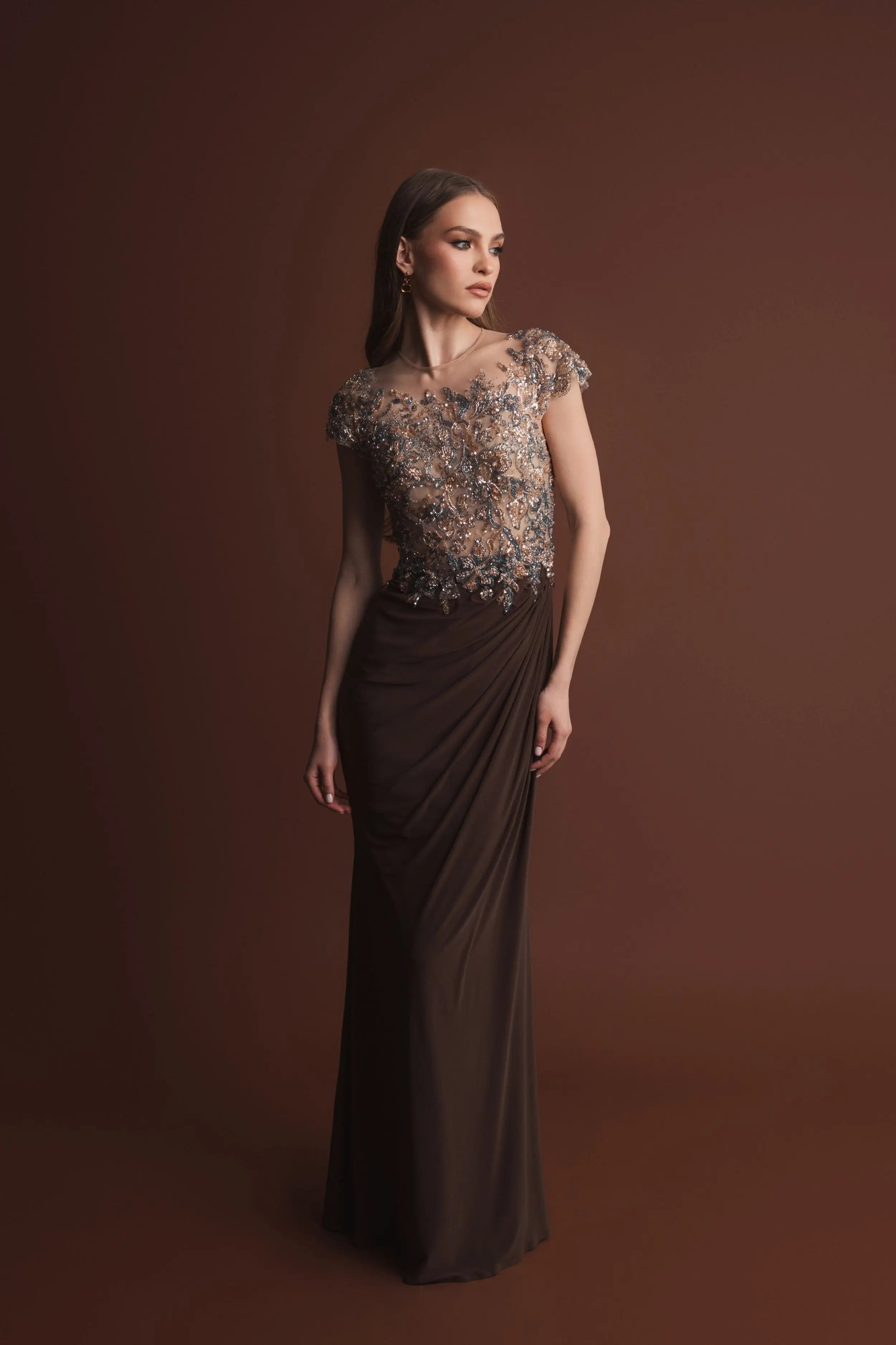 Brown Crystal Applique Embellished Jersey Gown - Mac Duggal