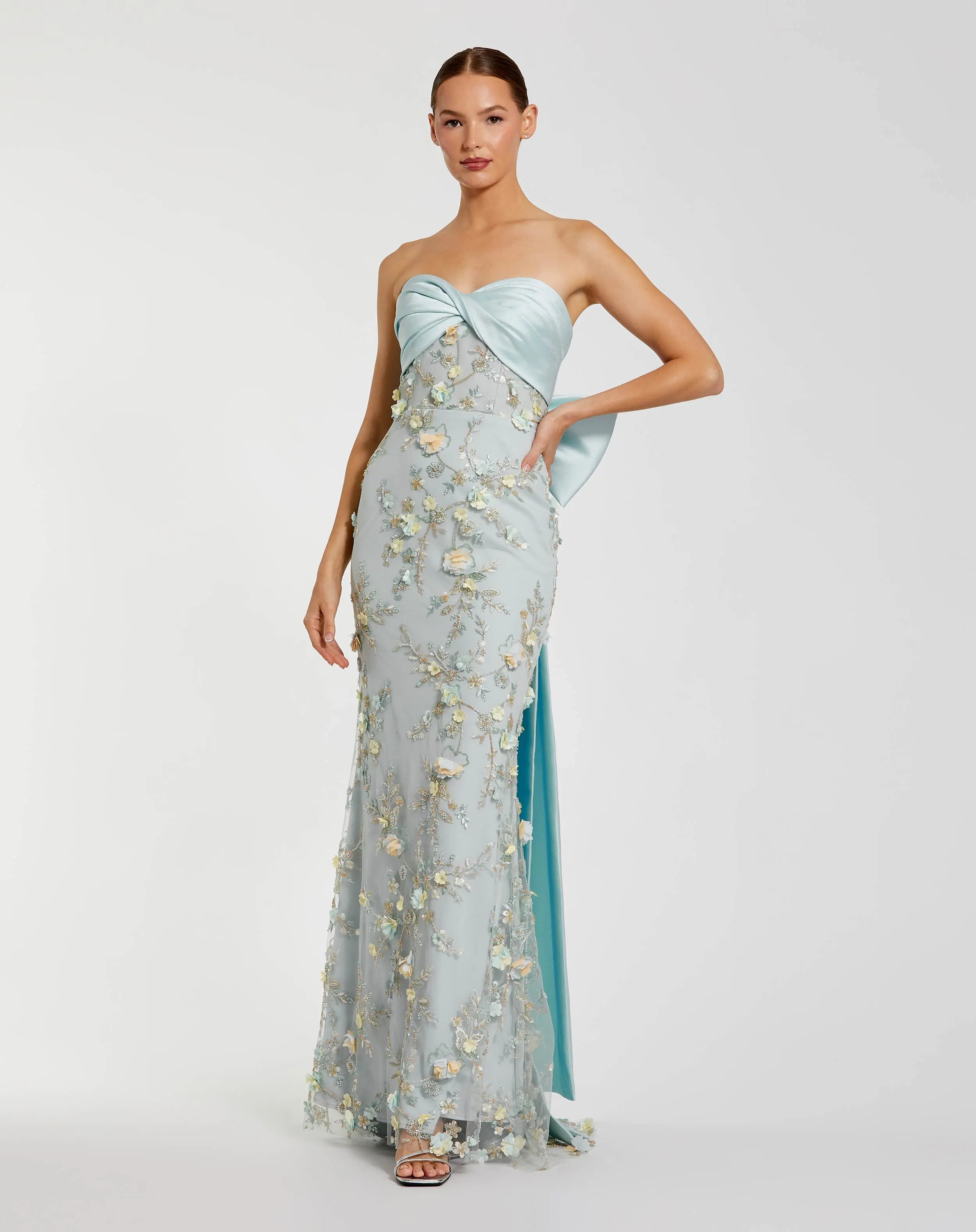 mac duggal blue bustier embroidered floral a-line dress Slim Strap Sheer Bustier Embroidered Dress by Ieena for Mac Duggal