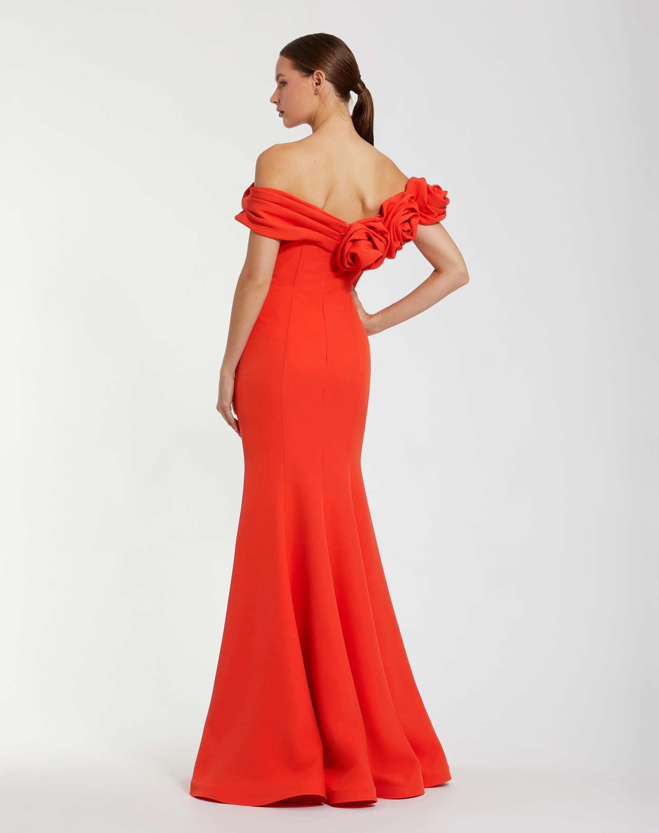 Orange Off The Shoulder 3D Flower Crepe Mermaid Gown - Ieena for Mac Duggal