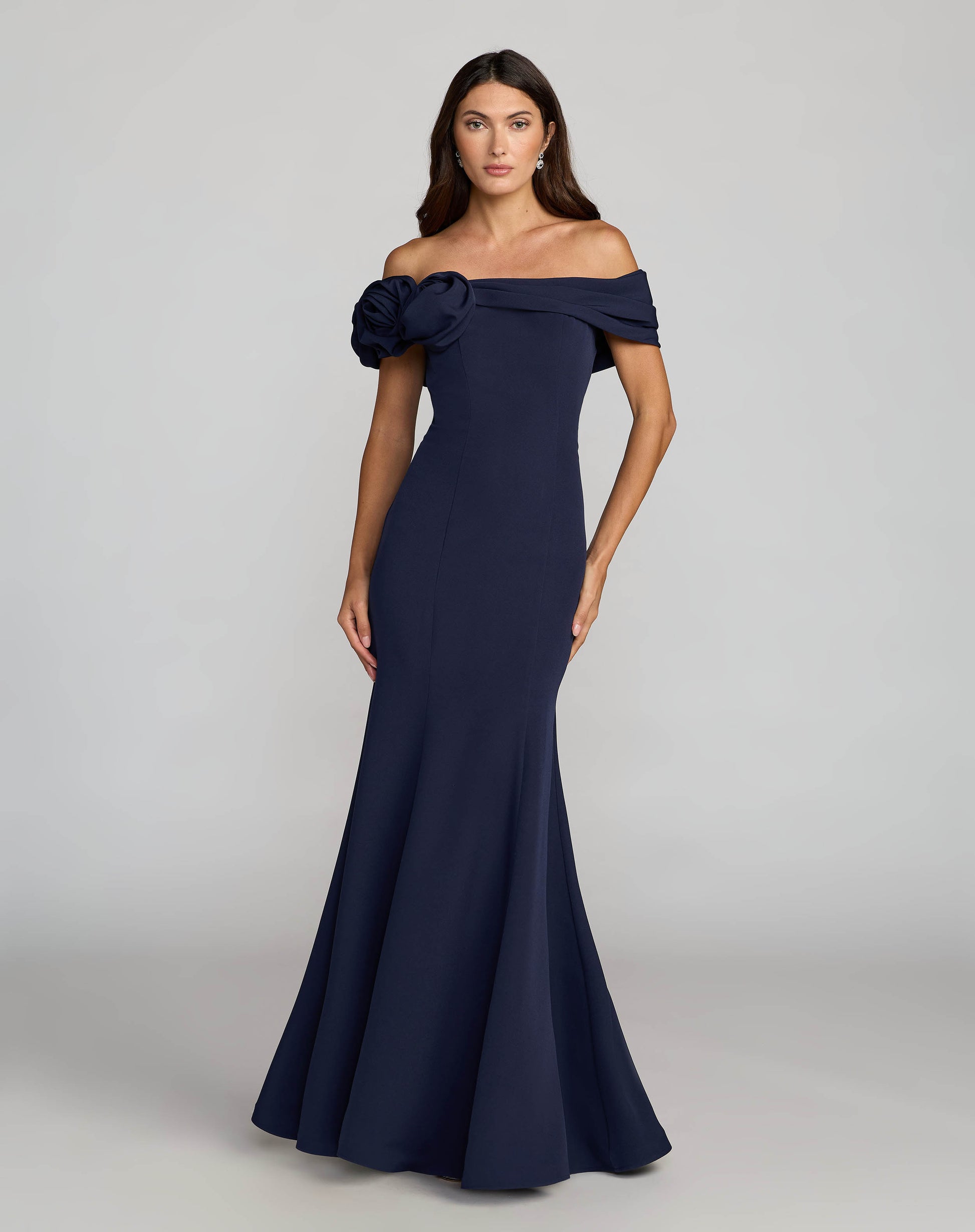 Off The Shoulder Crepe Mermaid Gown with 3D Flower Detail