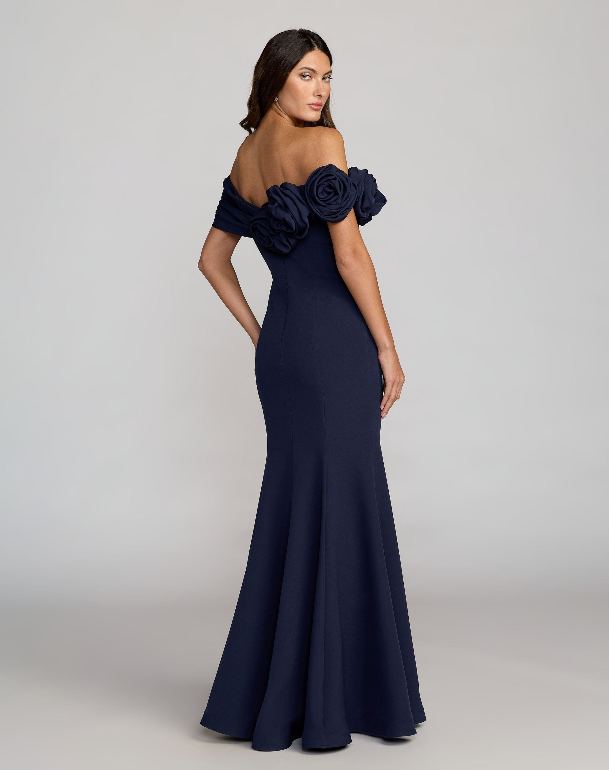 Navy Off The Shoulder Crepe Mermaid Gown Ieena for Mac Duggal