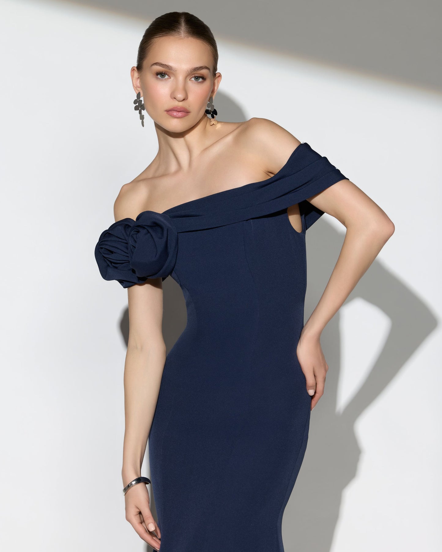 Navy Off The Shoulder Crepe Mermaid Gown Ieena for Mac Duggal