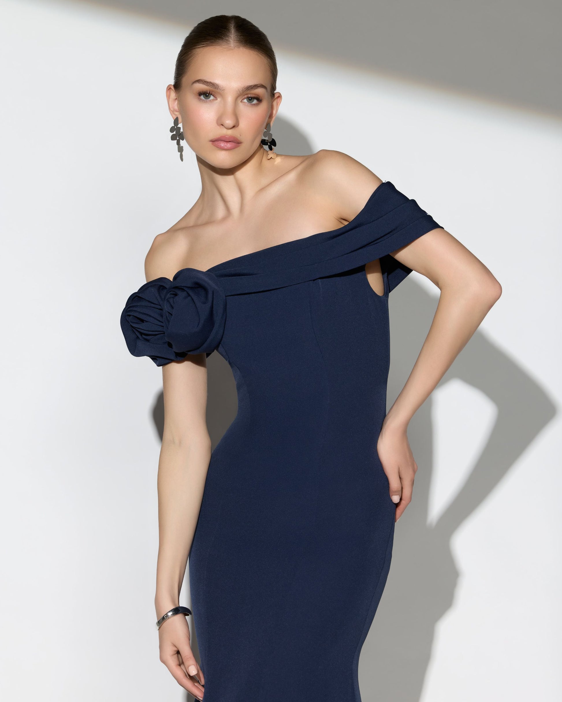 Navy Off The Shoulder Crepe Mermaid Gown Ieena for Mac Duggal