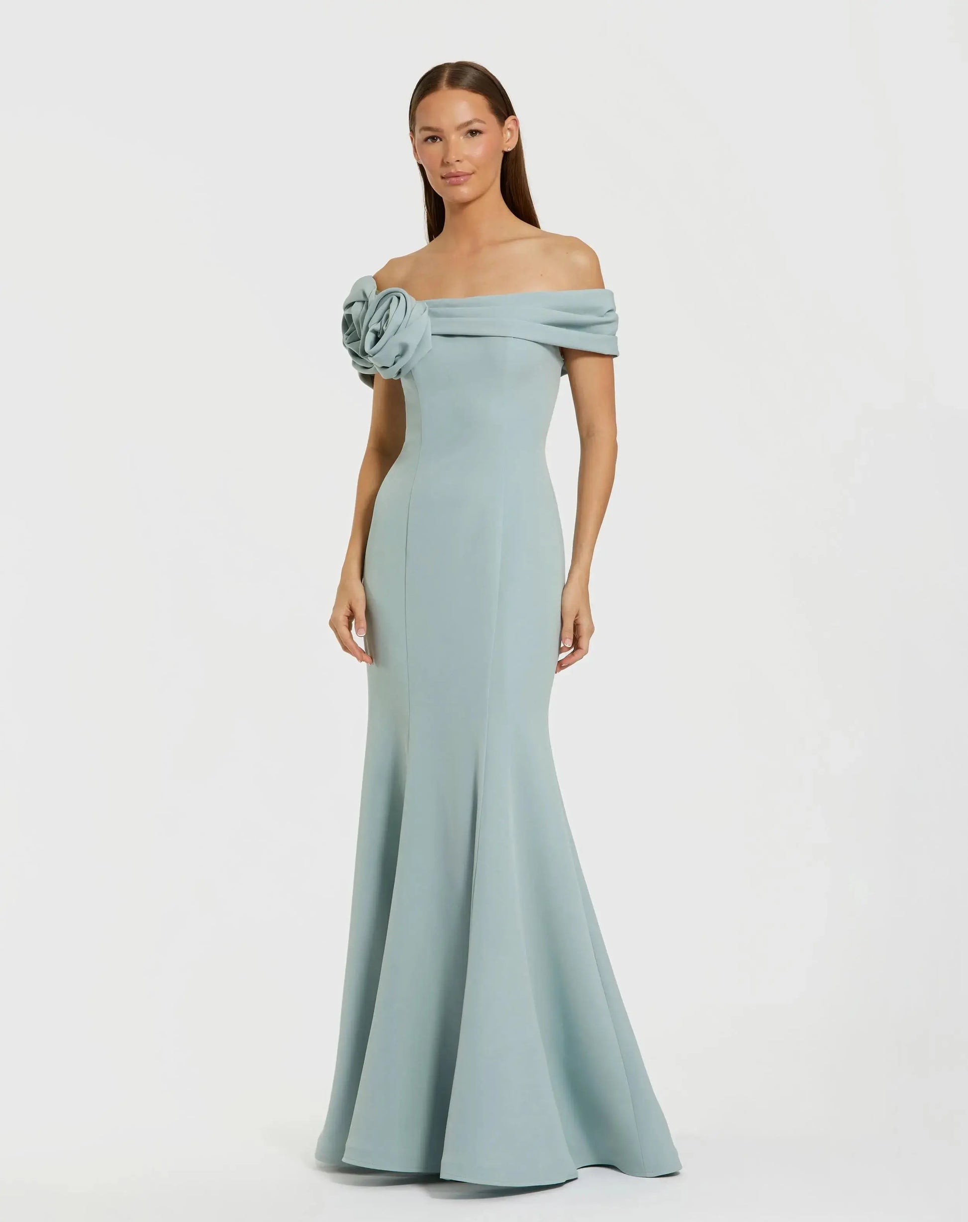 Blue Off The Shoulder Crepe Mermaid Gown | Mac Duggal Blue Off The Shoulder Crepe Mermaid Gown | Mac Duggal