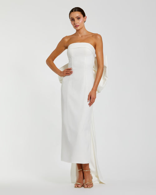 White Strapless Satin Sheath Dress with Bow Ieena for Mac Duggal
