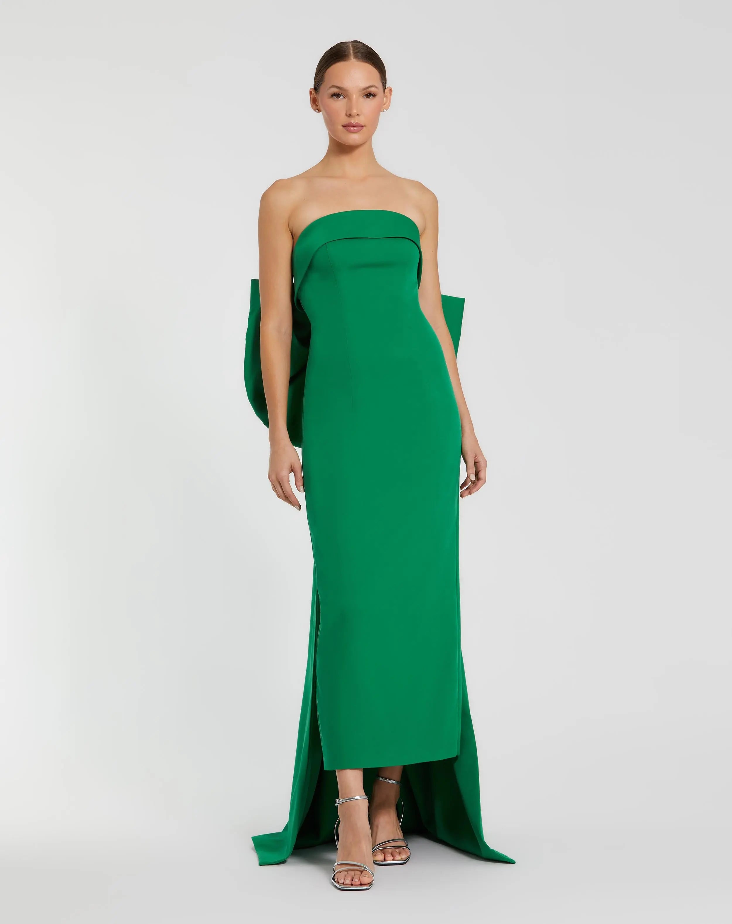 Green Strapless Crepe Dress With 3D Flower Detail | Mac Duggal