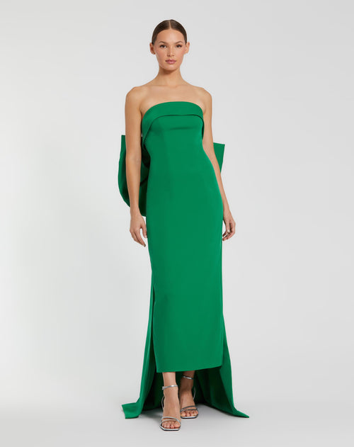 Green Strapless Satin Sheath Dress with Bow - Ieena for Mac Duggal