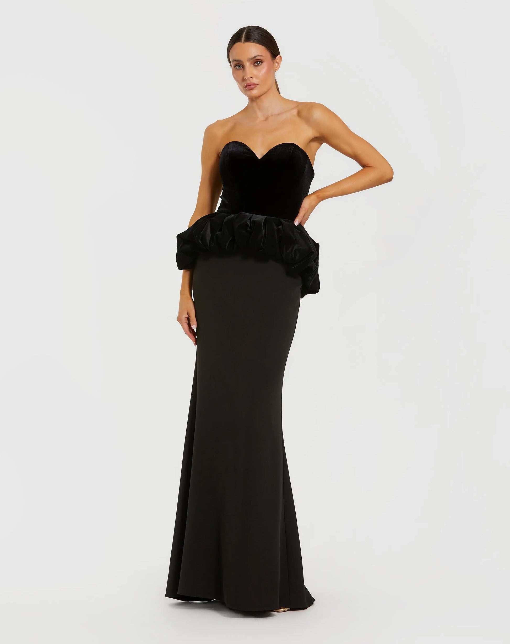 Mac Duggal Women's Strapless Velvet Peplum Top with Crepe Skirt Gown - Black - Size 12 Mac Duggal Women's Strapless Velvet Peplum Top with Crepe Skirt Gown - Black - Size 12