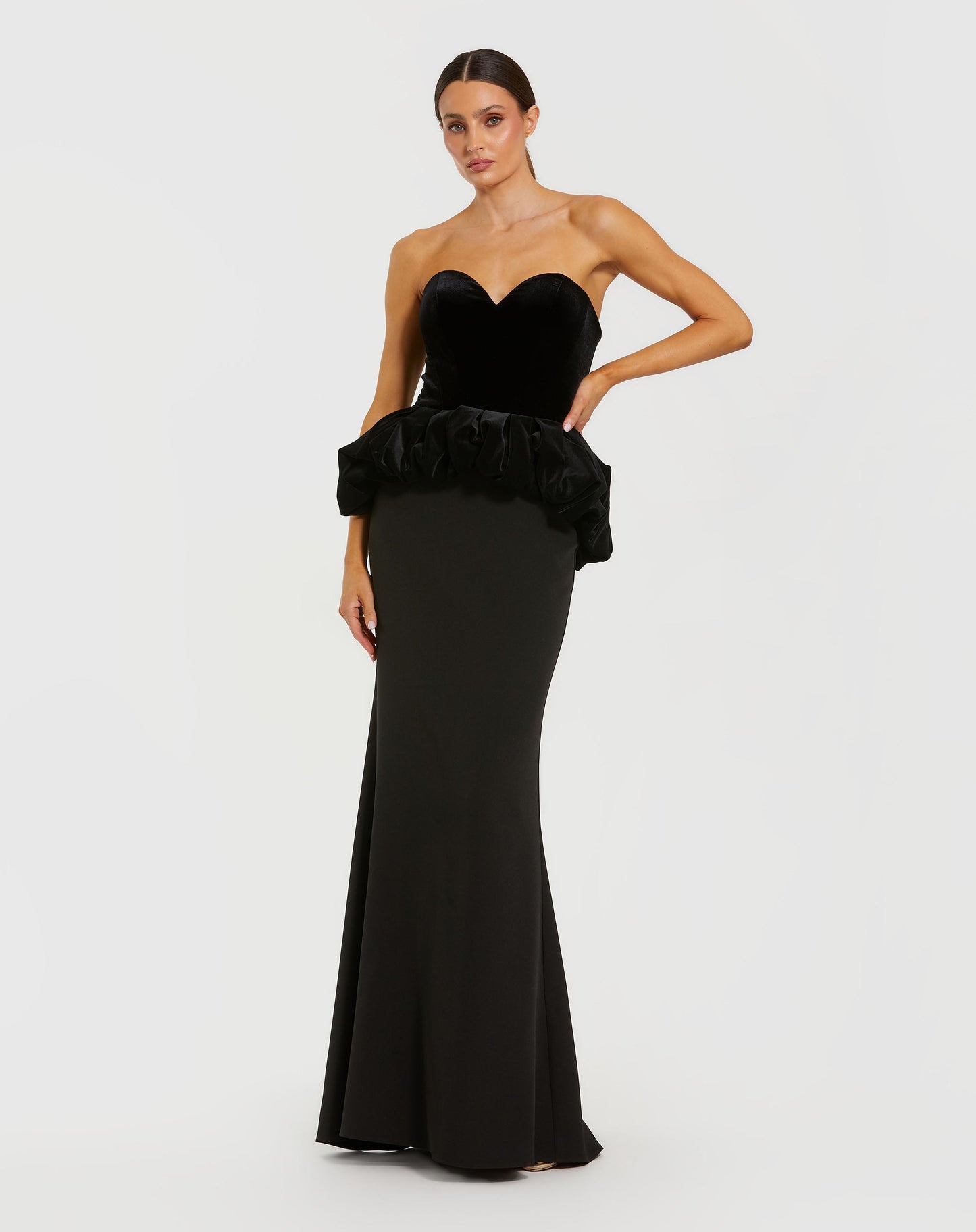 Black Strapless Velvet Puplum Top With Crepe Skirt Gown - Ieena for Mac Duggal