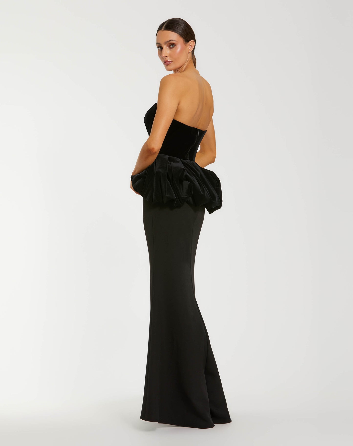 Black Strapless Velvet Puplum Top With Crepe Skirt Gown - Ieena for Mac Duggal
