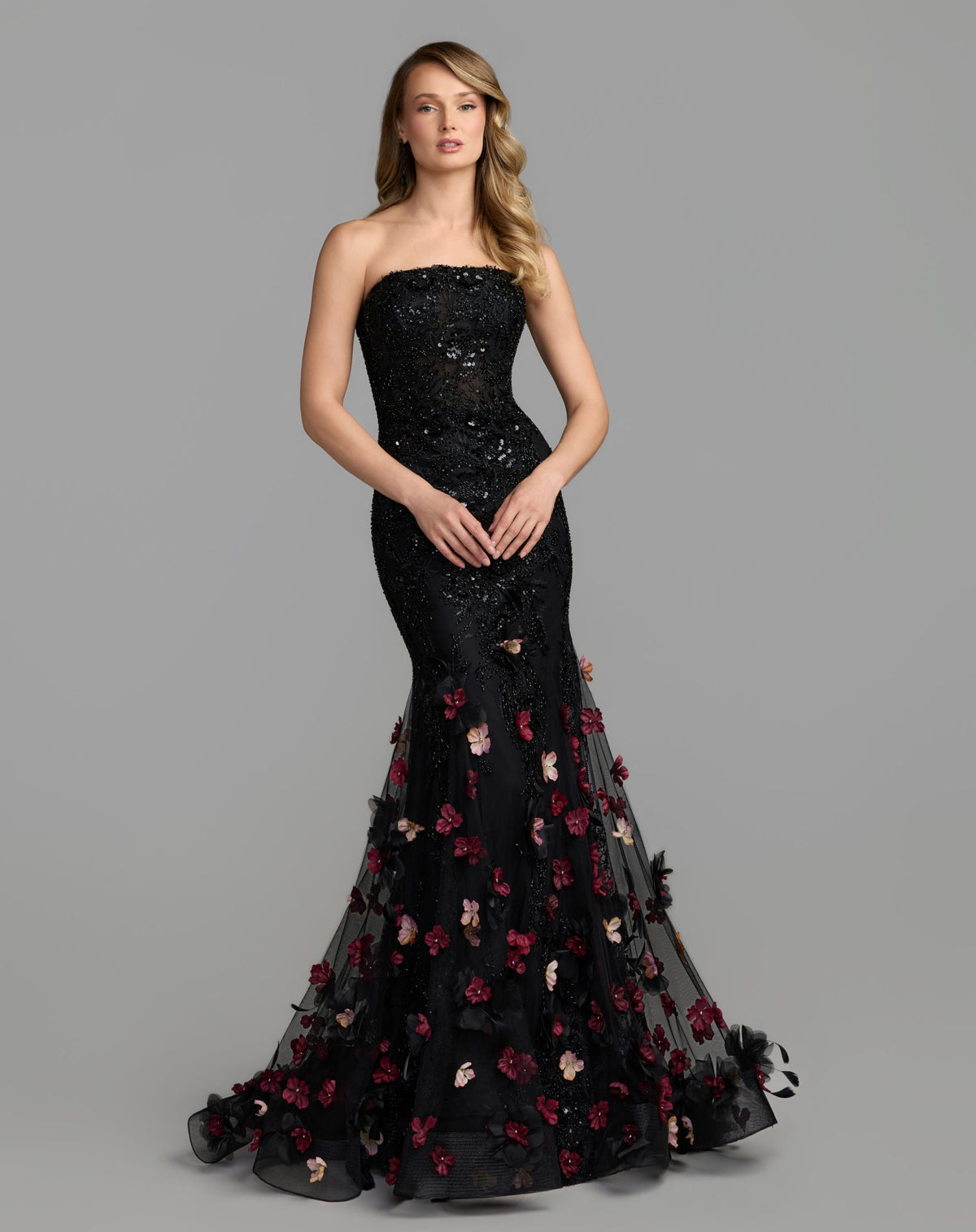 Black Multi Strapless Embellished Mermaid Gown With 3D Floral Hem - Mac Duggal