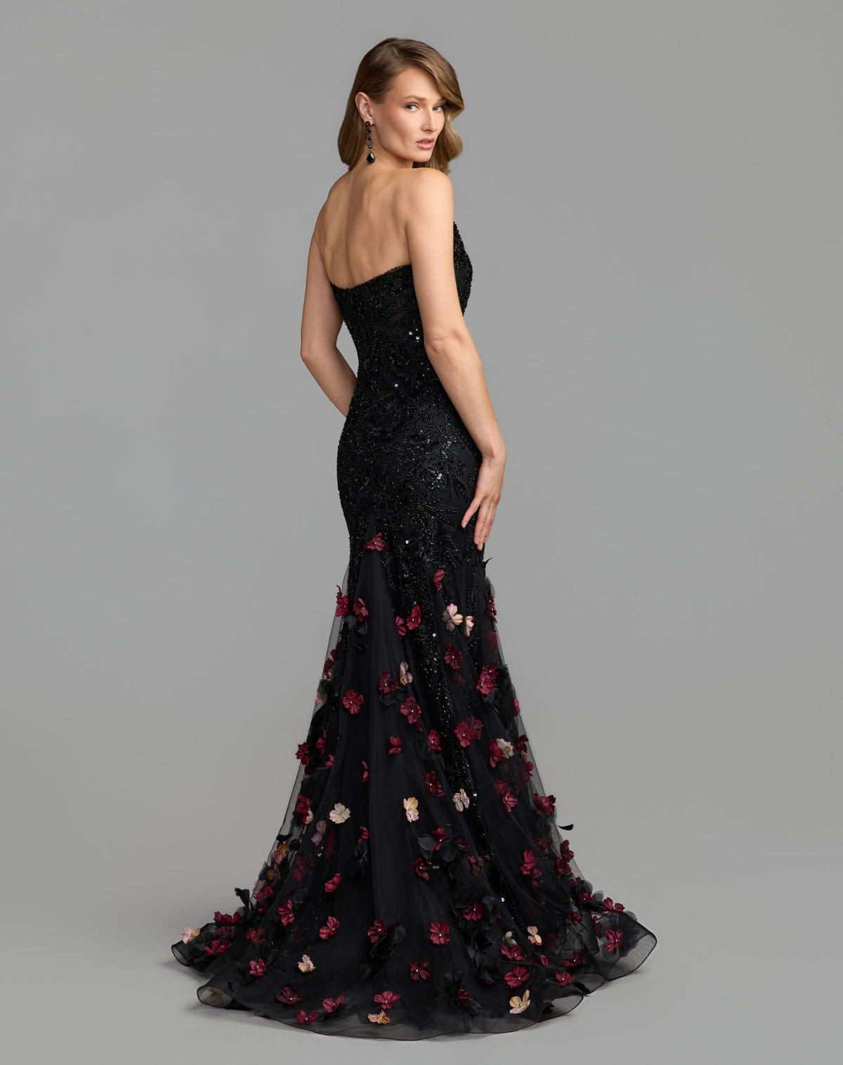 Black Multi Strapless Embellished Mermaid Gown With 3D Floral Hem - Mac Duggal