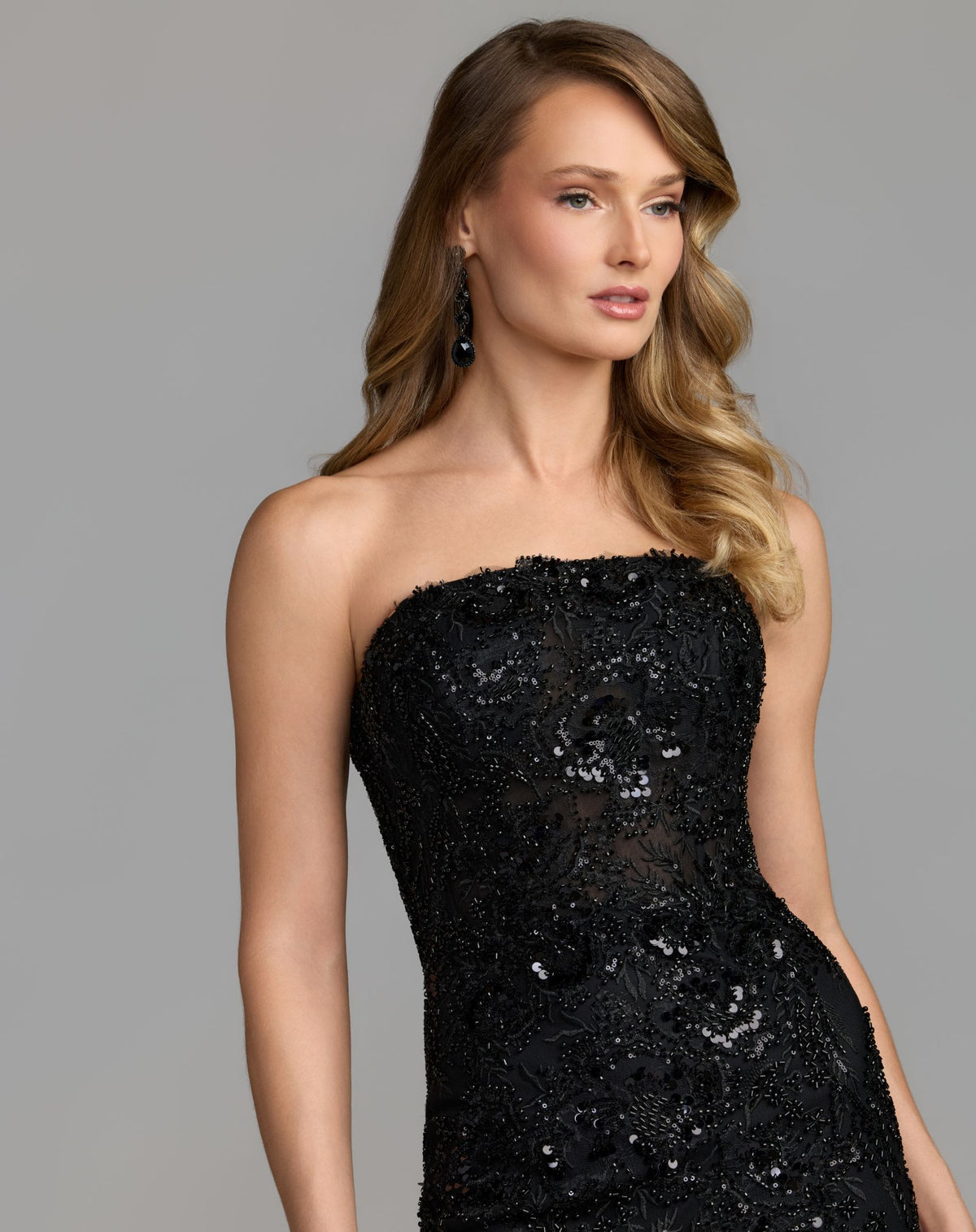 Black Multi Strapless Embellished Mermaid Gown With 3D Floral Hem - Mac Duggal