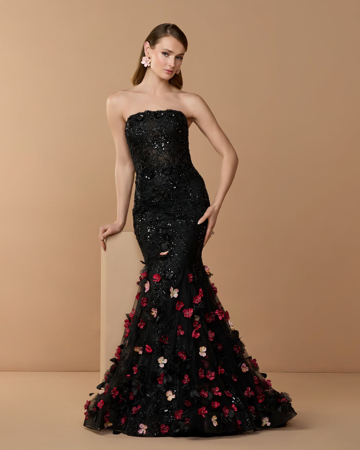 Black Multi Strapless Embellished Mermaid Gown With 3D Floral Hem - Mac Duggal